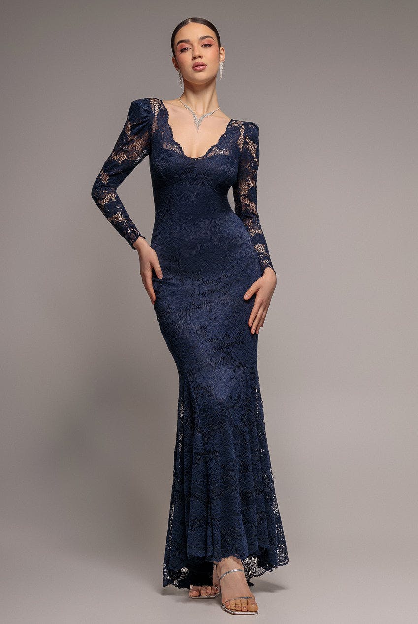 Goddiva Blue Fit & Flare Scallop Lace V Neck Maxi Dress - Navy By - Navy - 14