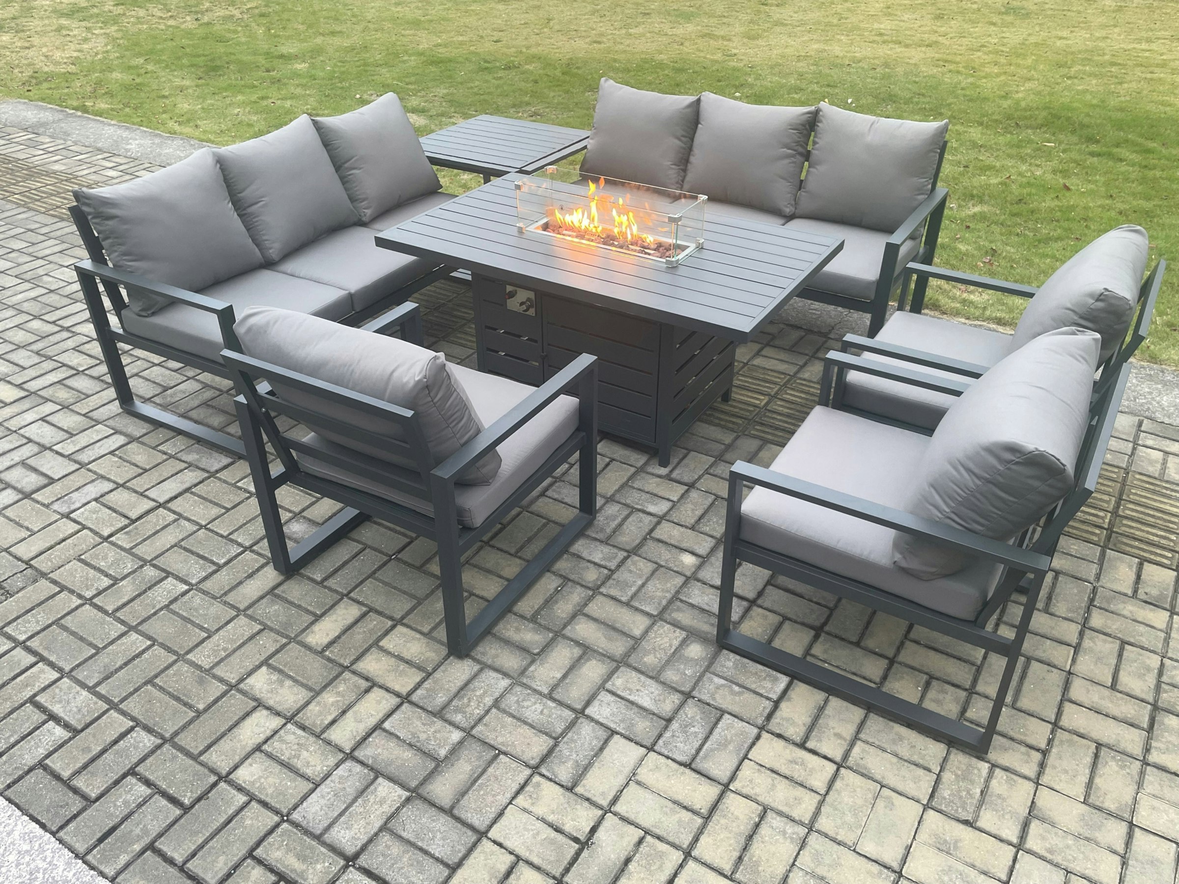 Fimous Dark/Grey Aluminium Garden Furniture Outdoor Set Patio Lounge Sofa Gas Fire Pit Dining Table Set With 3 Armchair Side Table
