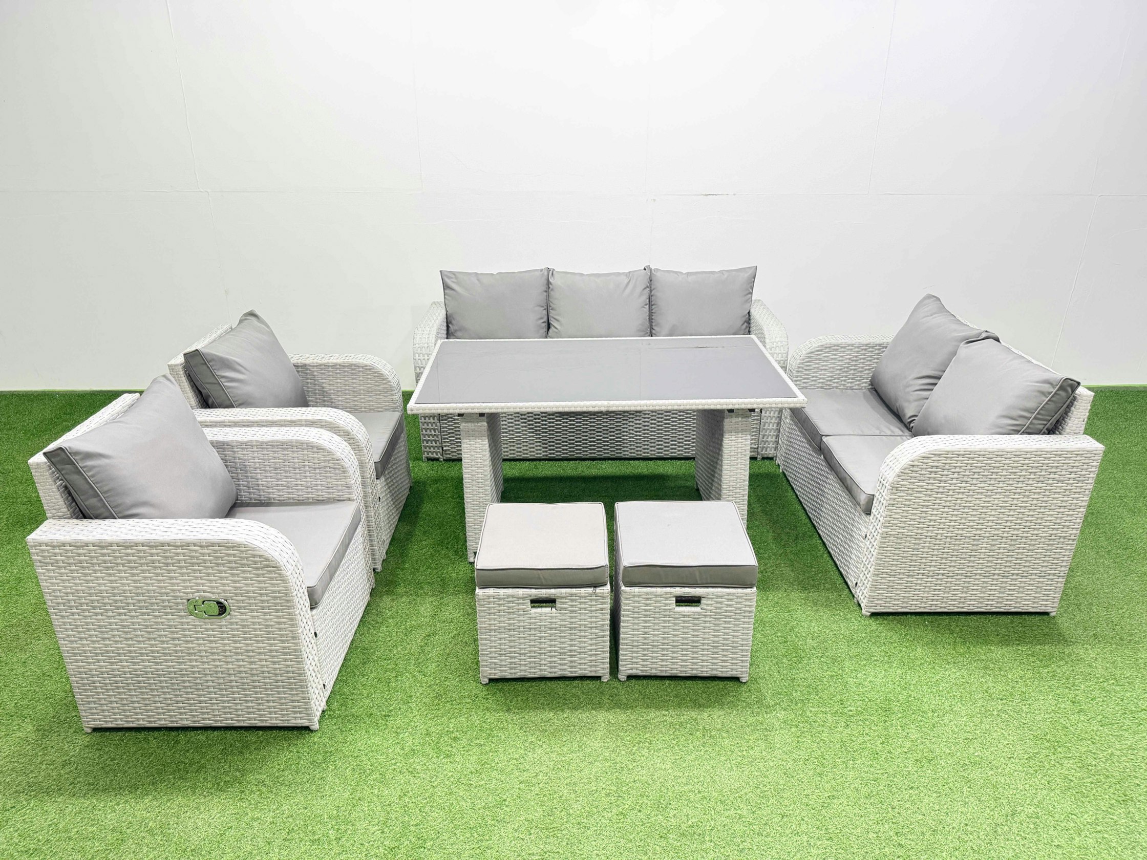 Fimous Light/Grey 9 Seater Garden Furniture Set Pe Rattan Garden Sofa Set With Rectangular Dining Table 2 Small Stools