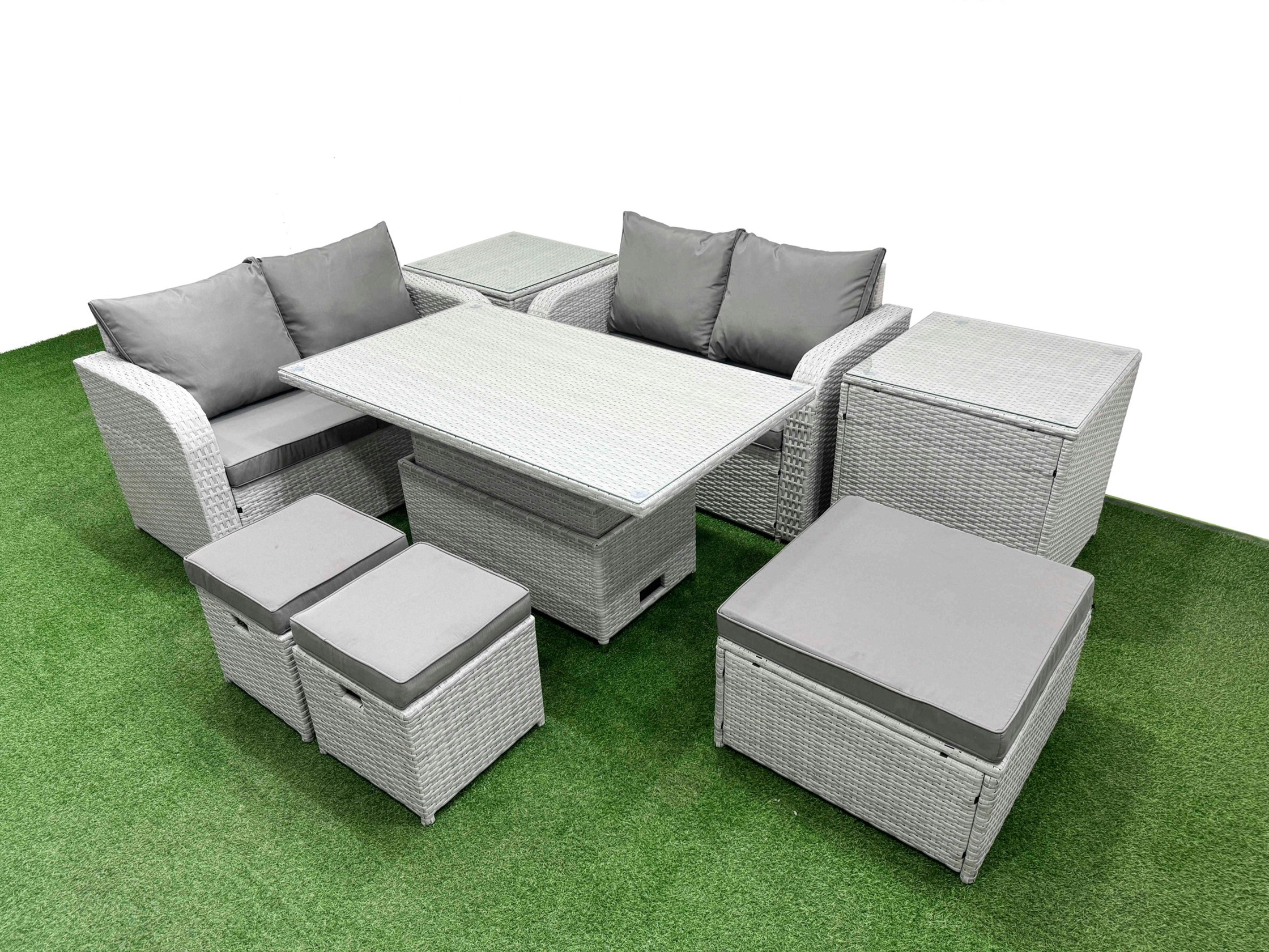 Rackhams Light/Grey 7 Seater Outdoor Love Sofa Set Rattan Garden Furniture Set With Adjustable Lifting Dining Or Coffee Table 3 Footstool 2 Side Tables