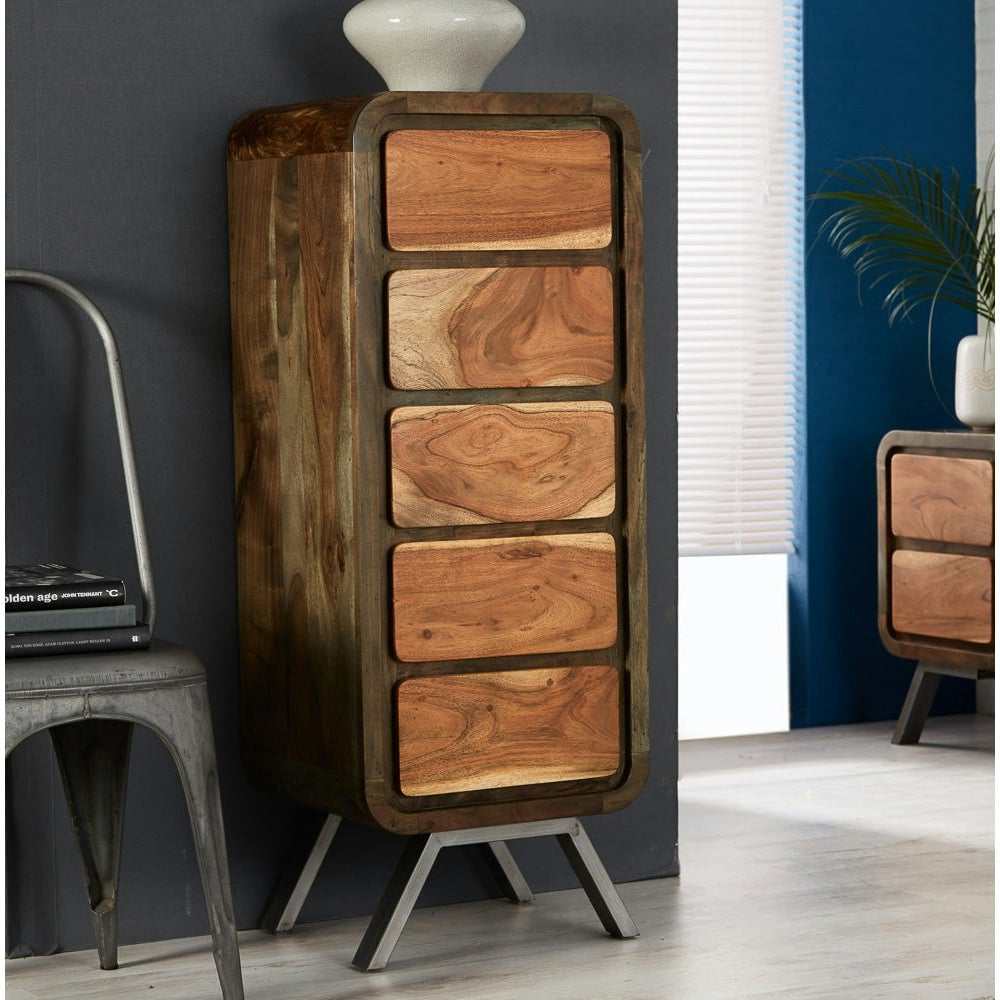 Rackhams Brown Aaron Metal & Wood Tallboy Chest - Chest Of Drawer - Wooden