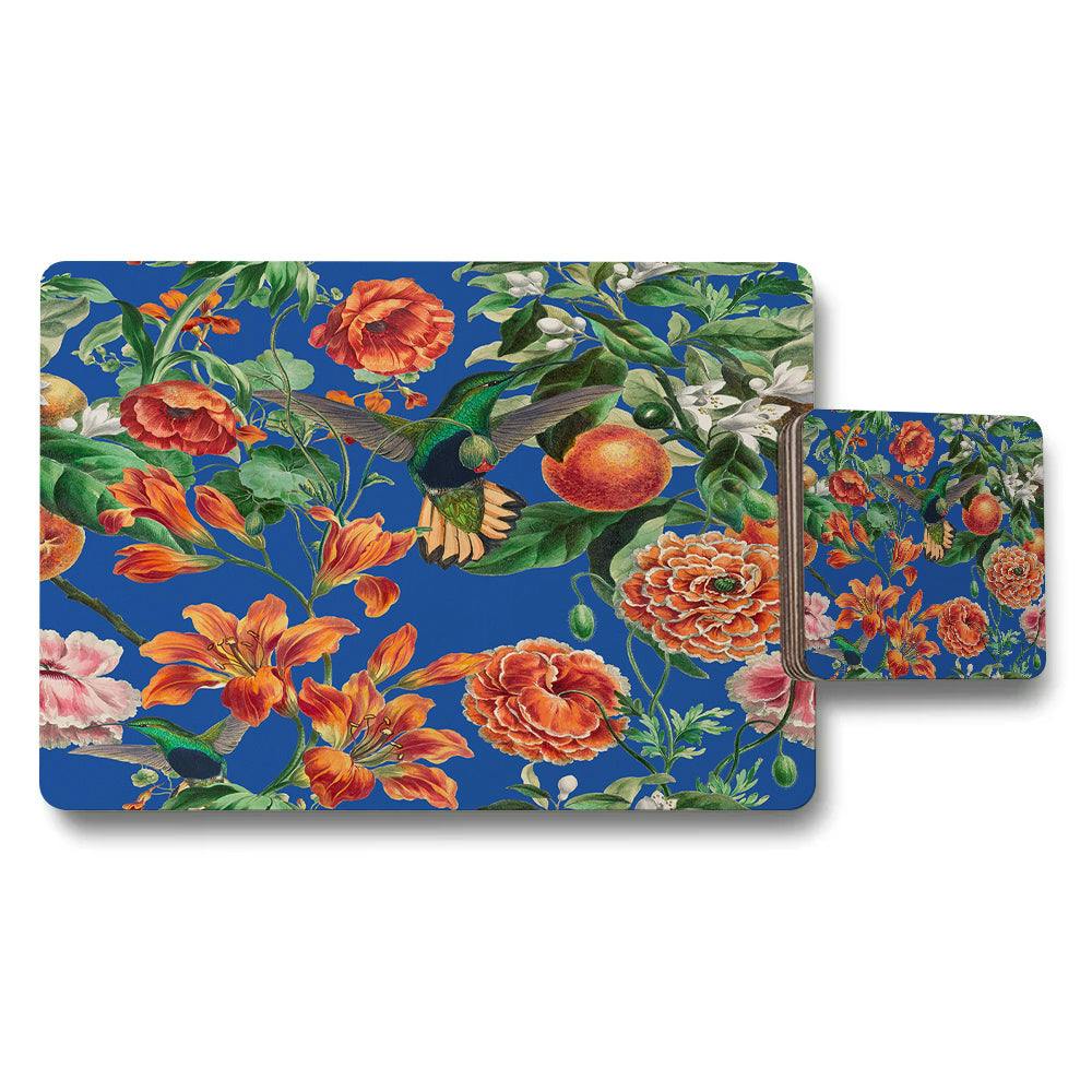 Benjamin Tate Design Blue Designer Floral Hummingbird Placemat Coaster Set With Wood Bottom In Exclusive Print Collection