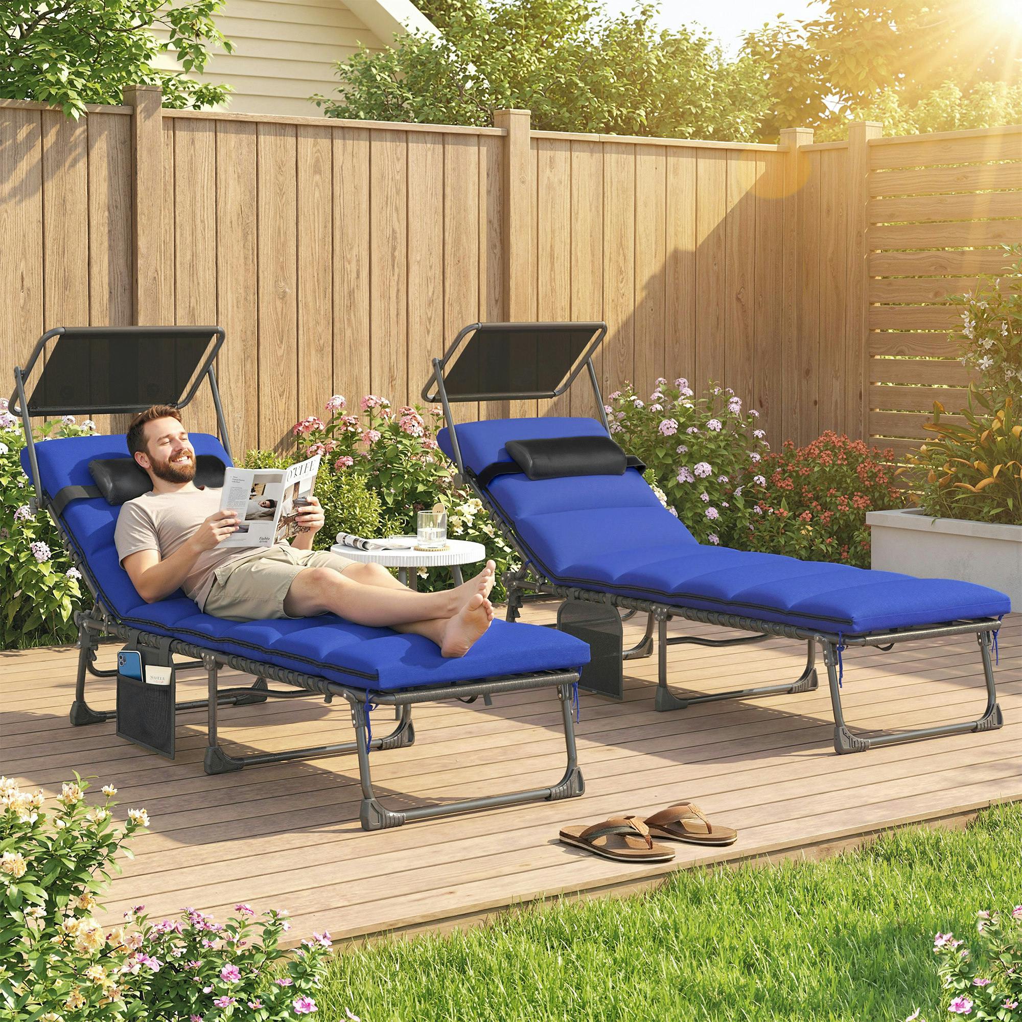 Outsunny Dark/Blue Folding Sun Lounger, Sunbed With Canopy (2 Sun Loungers) - 2