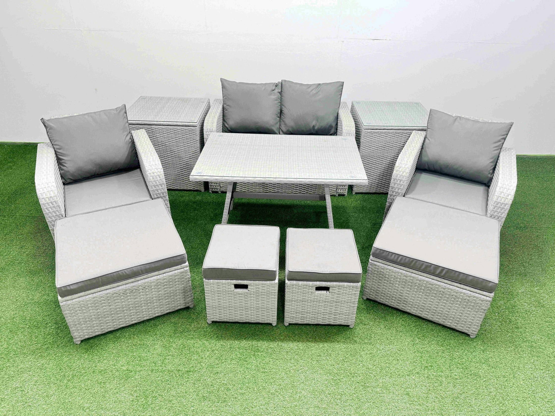 Fimous Light/Grey Rattan Garden Furniture Dining Set 8 Seater Patio Rectangular Table Sofa Set With 2 Side Tables 4 Stools