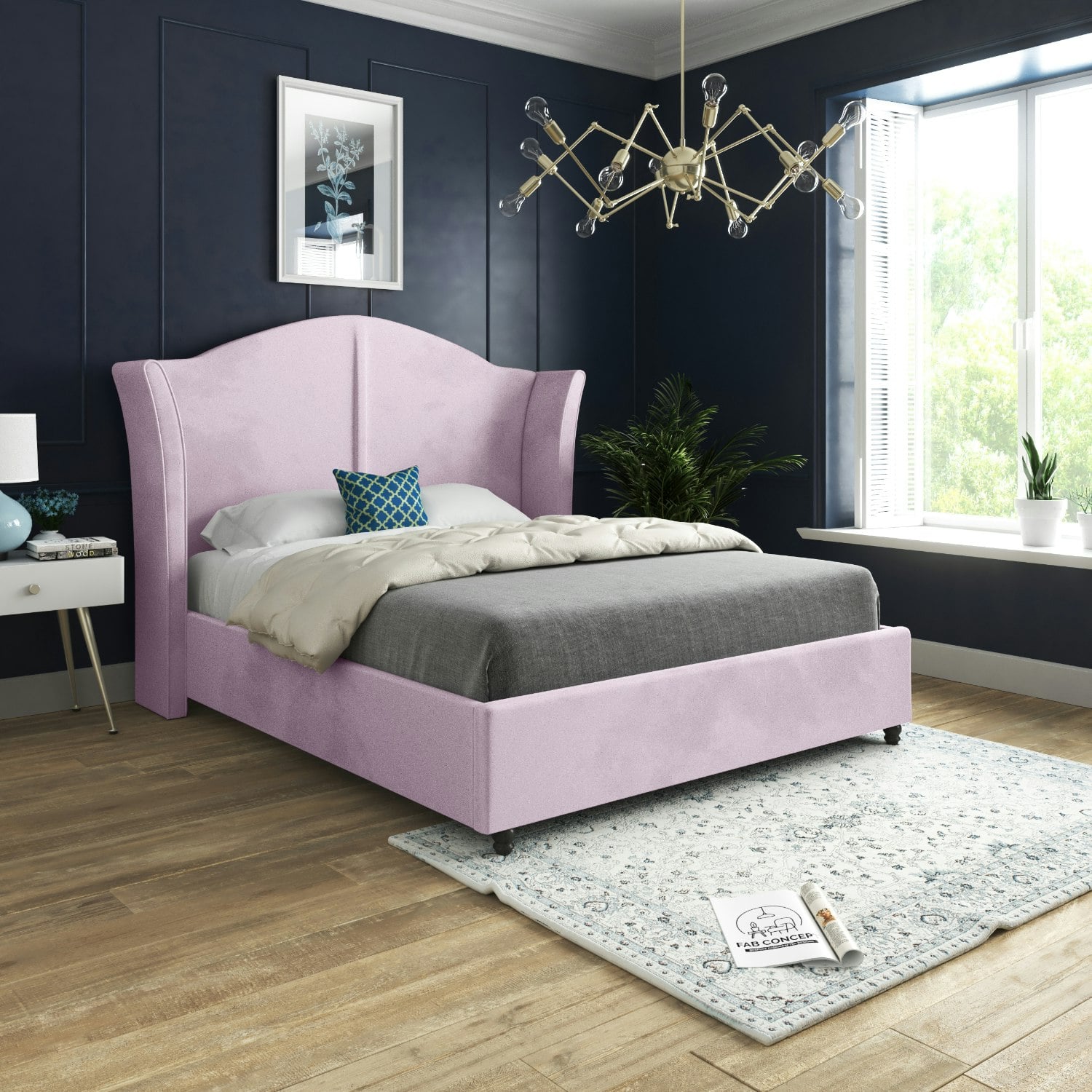 Casa Magna Pink Zampa Curved Top Curved Winged Upholstered Soft Velvet Bed Frame - Single
