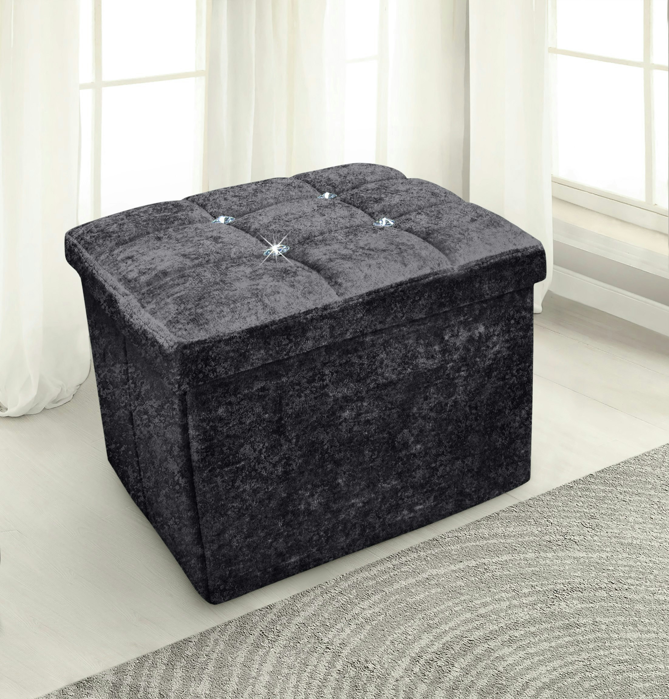 Rackhams Grey Crushed Velvet Storage Ottoman - 38Cm X 38Cm Foldable