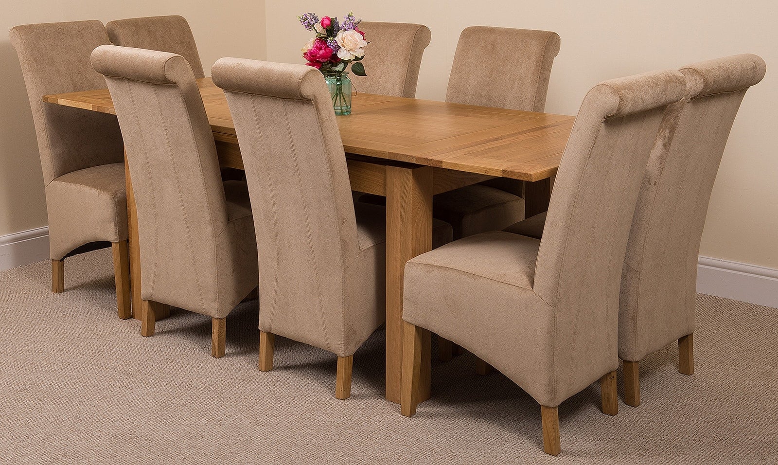 That's Furniture Beige Richmond Medium Oak Extendable Dining Table With Montana Fabric Chairs - 8 Chairs