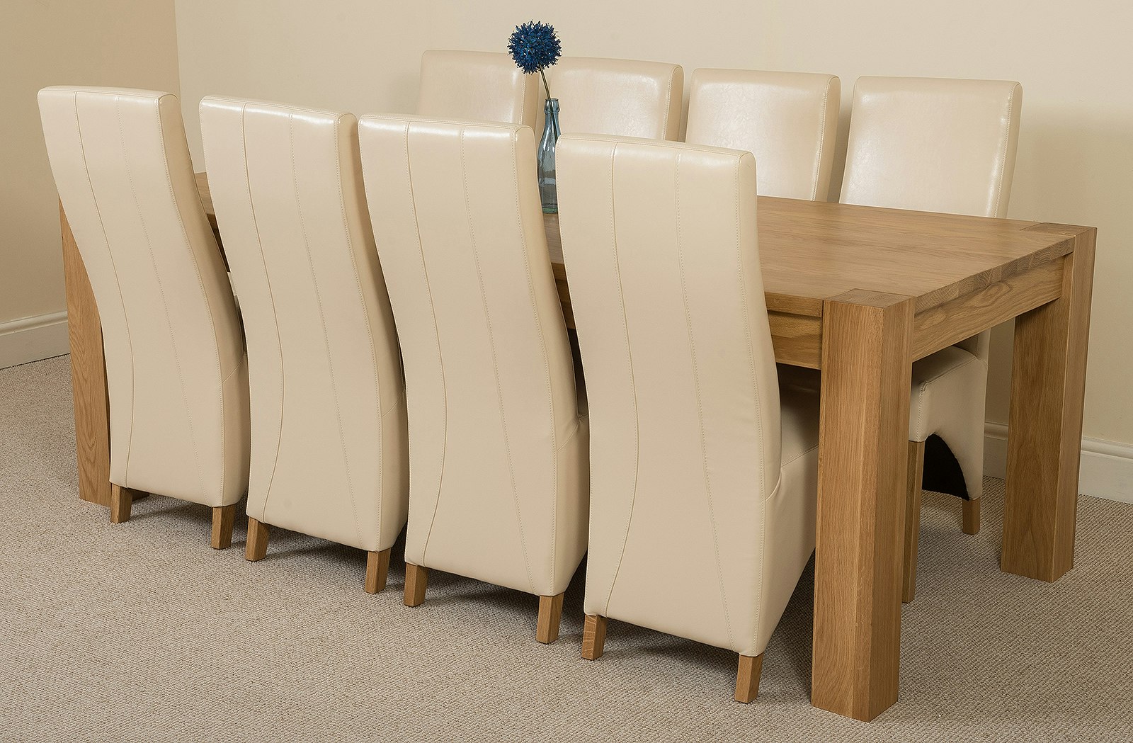 That's Furniture Ivory Kuba Oak Dining Table With Lola Leather Chairs - Dining Table And Chairs Set - 8 Chairs Extra Large