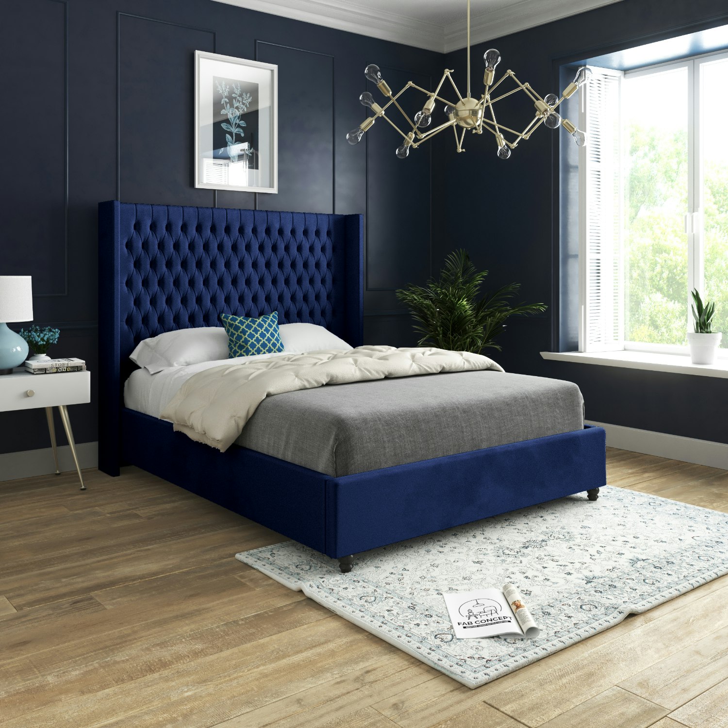 Casa Magna Blue Volta Straight Winged Upholstered Soft Velvet Bed Frame - King