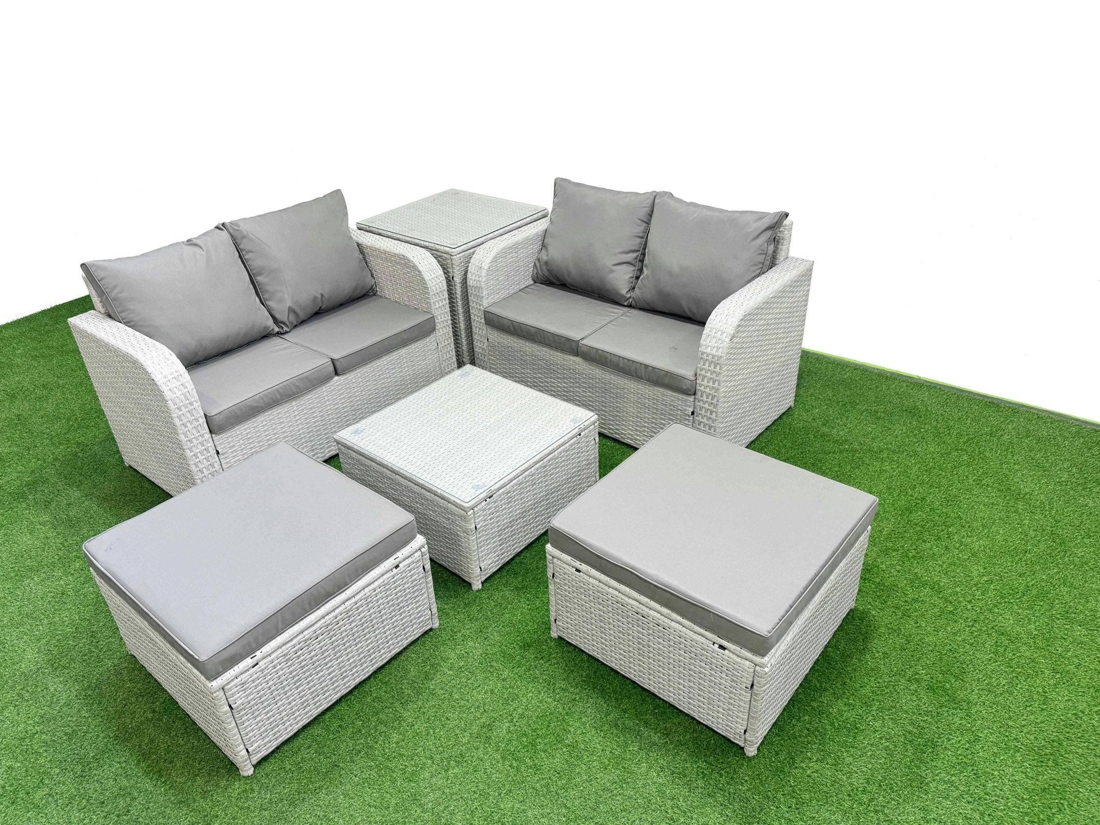Fimous Light/Grey 6 Seater Outdoor Love Sofa Set Rattan Garden Furniture Set With Square Coffee Table 2 Footstool Side Table