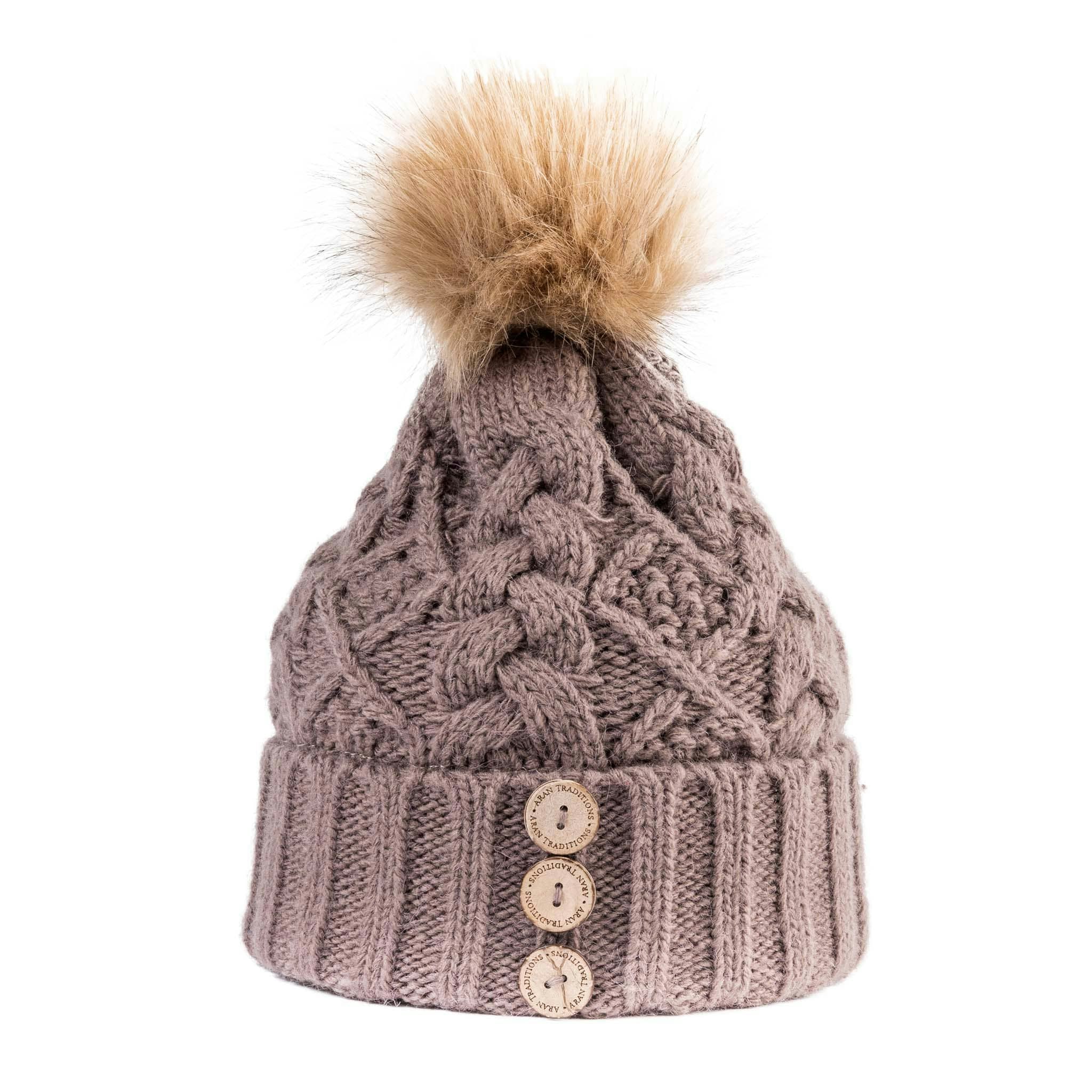 Aran Traditions Aran Diamond Cable Button Hat - Mushroom