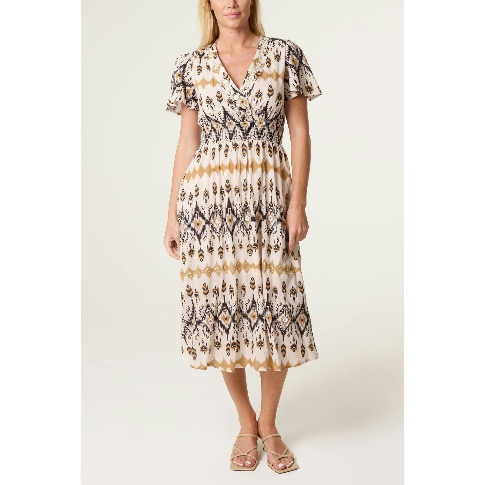 Blue Vanilla Embroidered Wrap Front Midi Dress - L-Xl - Stone