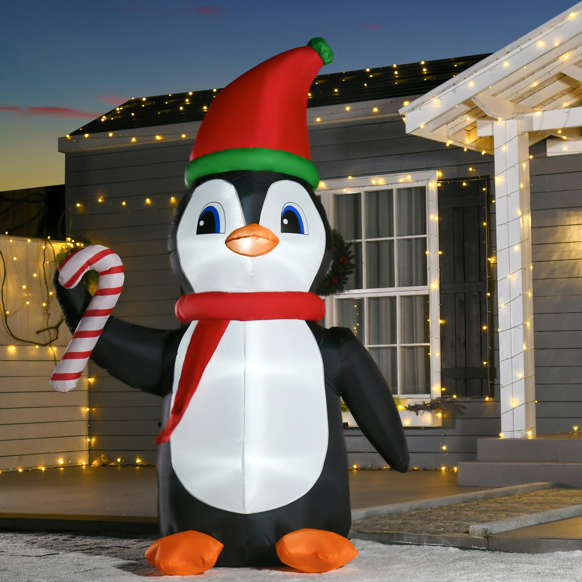 Rackhams Light 8Ft Ed Inflatable Christmas Penguin W/ Candy Cane For Garden