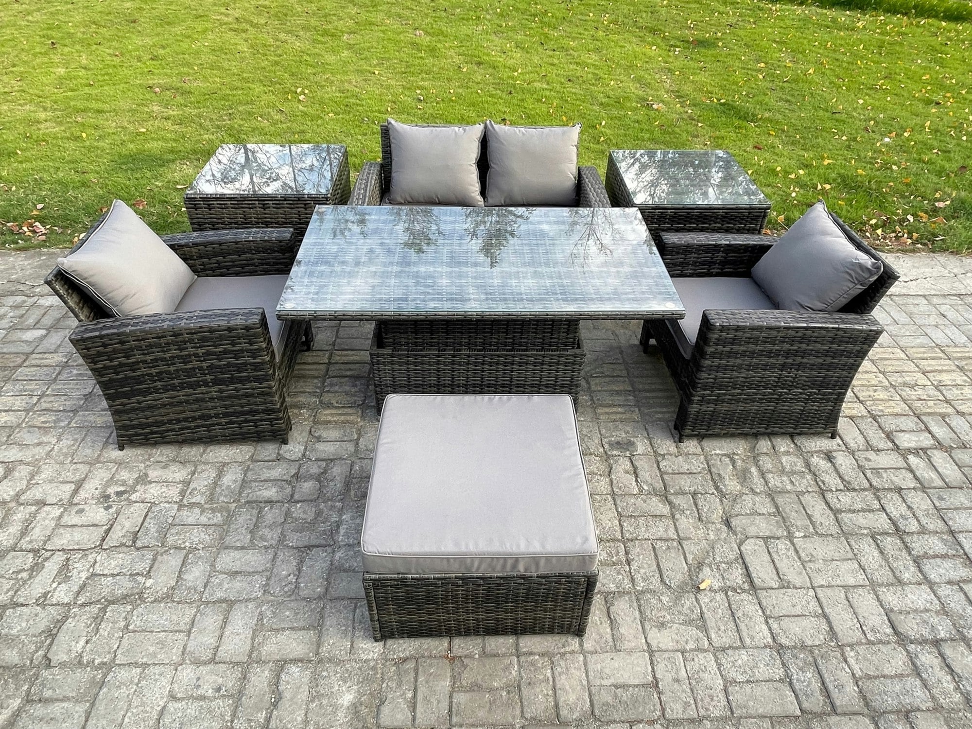 Fimous Dark/Grey Outdoor Garden Dining Sets 5 Seater Rattan Patio Furniture Sofa Set With Rising Lifting Table 2 Side Tables Big Footstool Mixed
