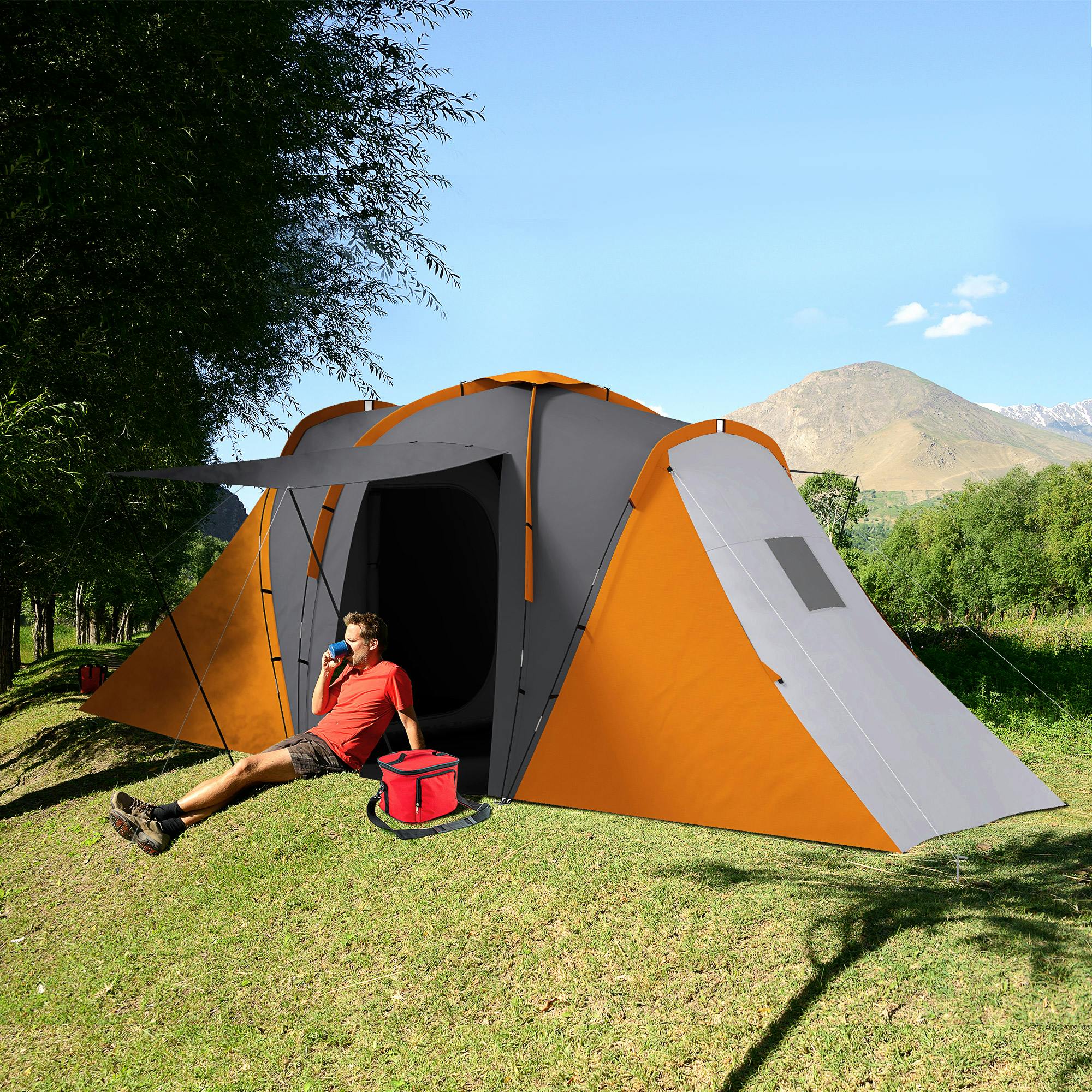 Outsunny Grey/Orange 4-6 Man Camping Tent With 2 Bedroom And Living Area, And