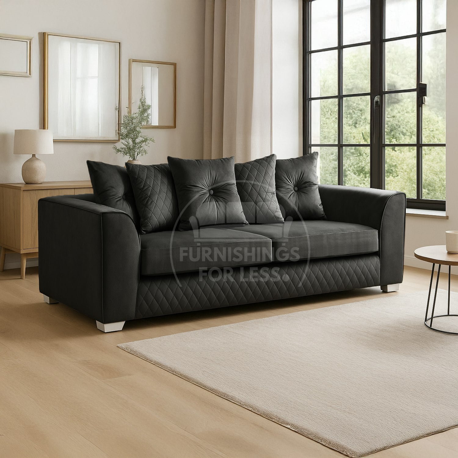 Furnishings For Less Black Victoria Plush Velvet 3 Seater Sofa