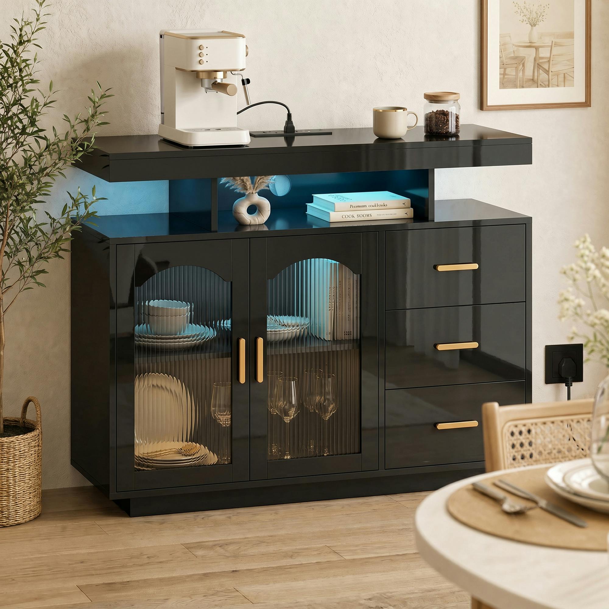 Rackhams Black High Gloss Sideboard With Led Lights, Power Outlets, Drawers