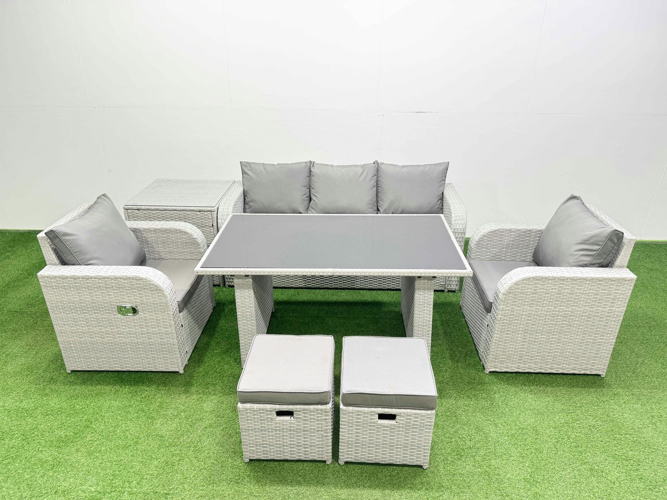 Rackhams Outdoor Rattan Garden Furniture Dining Set 7 Seater Patio Rectangular Table 3 Seater Sofa Reclining Chair Set With Side Table 2 Small Stools