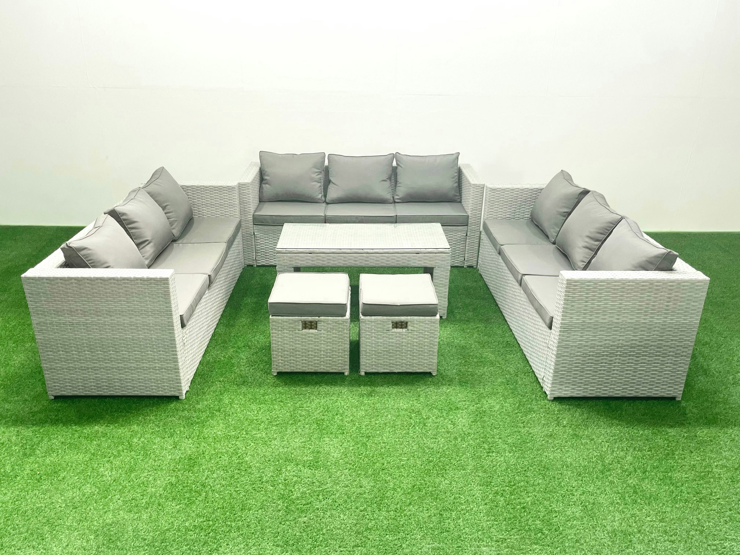 Fimous Light/Grey Rattan Garden Outdoor Furniture Set 11 Seater Garden Sofa Oblong Coffee Table Set With 2 Small Footstool Mixed