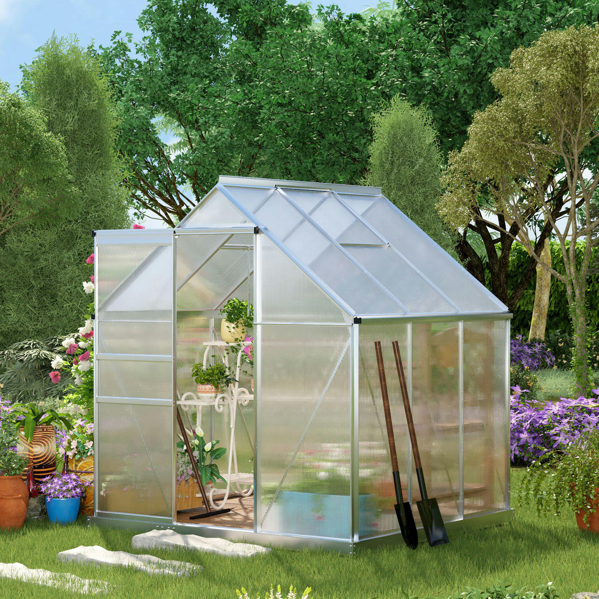 Outsunny Silver Polycarbonate Walk-In Garden Greenhouse W/ Sliding Door Tone - Tone - 6 X 6Ft