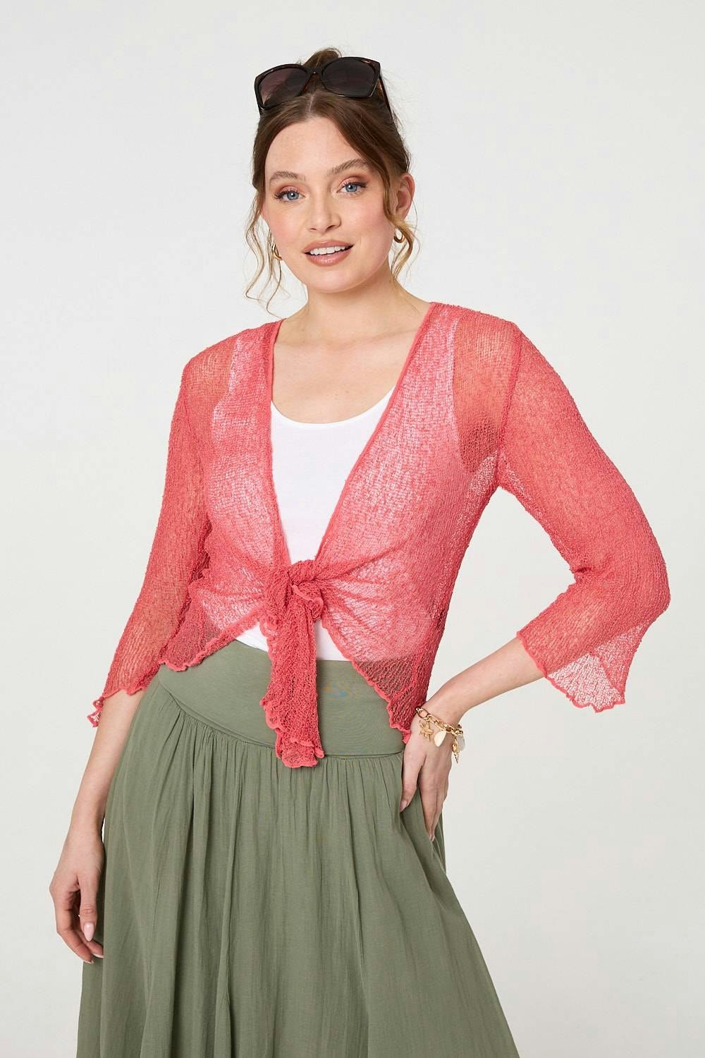 Izabel London Coral Sheer 3/4 Sleeve Open Front Cardigan - One