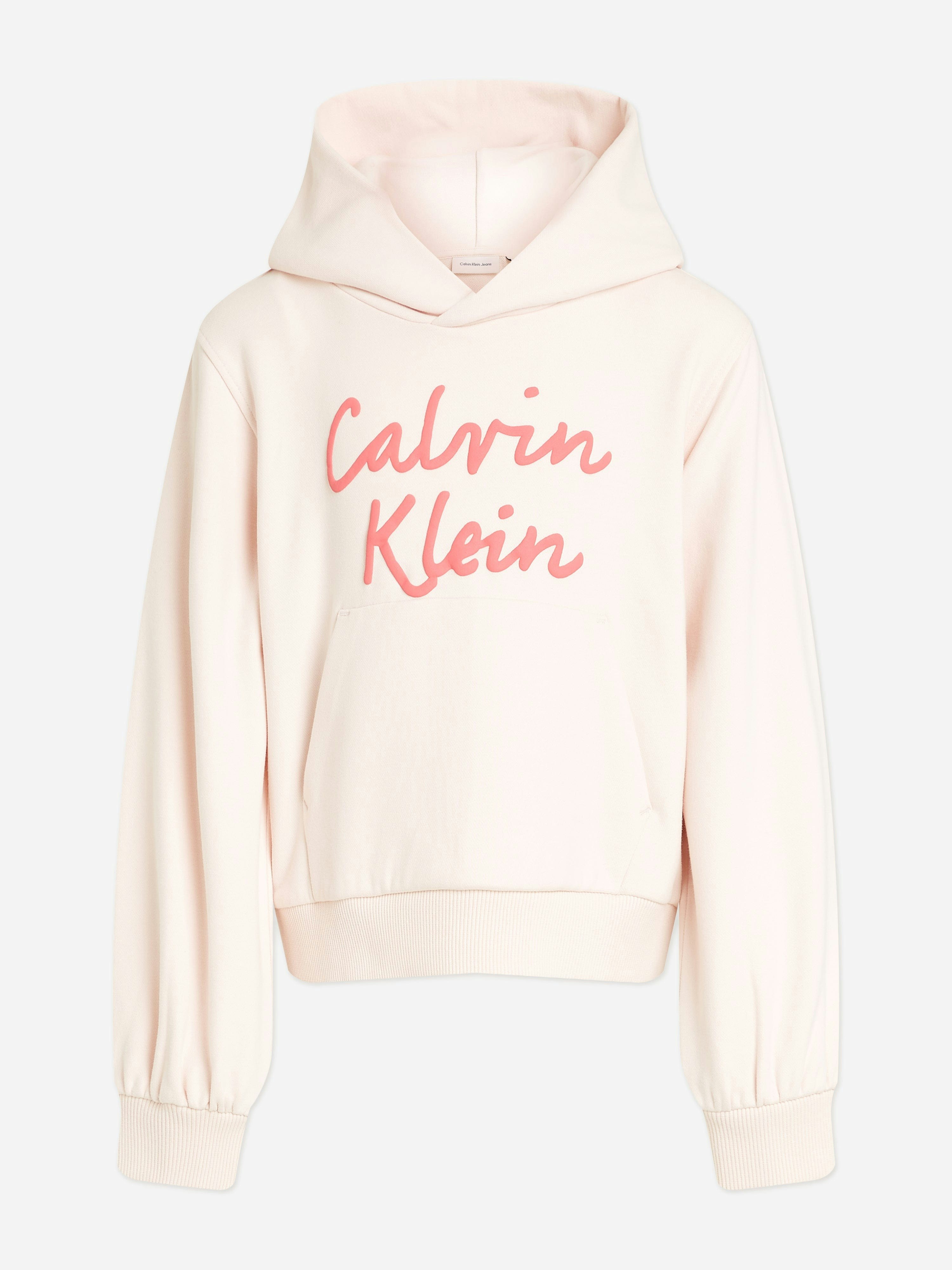 Calvin Klein Girls Pink Script Logo Hoodie In - 8 Yrs