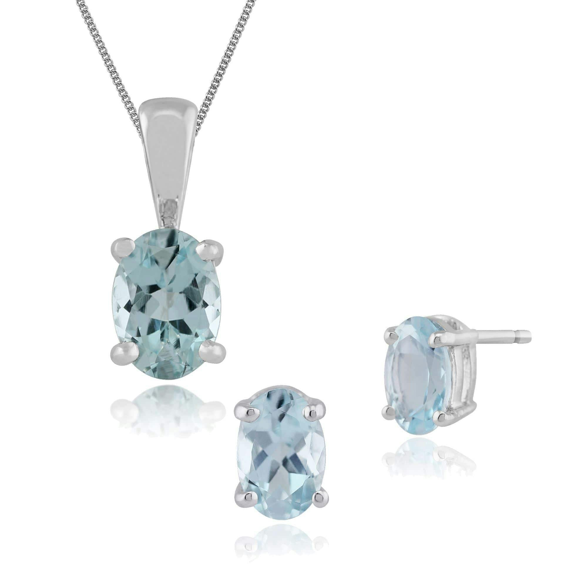 Gemondo White/Gold Classic Oval Aquamarine Single Stone Stud Earrings & Pendant Set In 9Ct