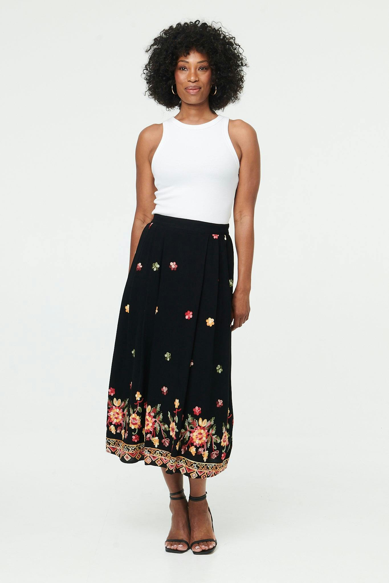 Izabel London Black Floral High Waist A-Line Midi Skirt - 8