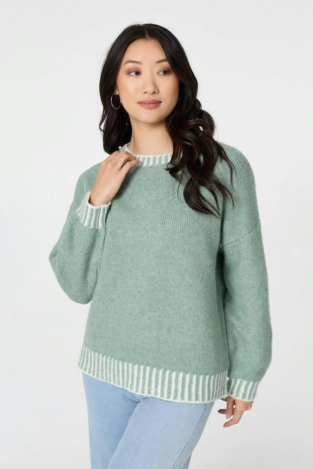 Izabel London Contrast Trim Balloon Sleeve Jumper - S/M - Sage