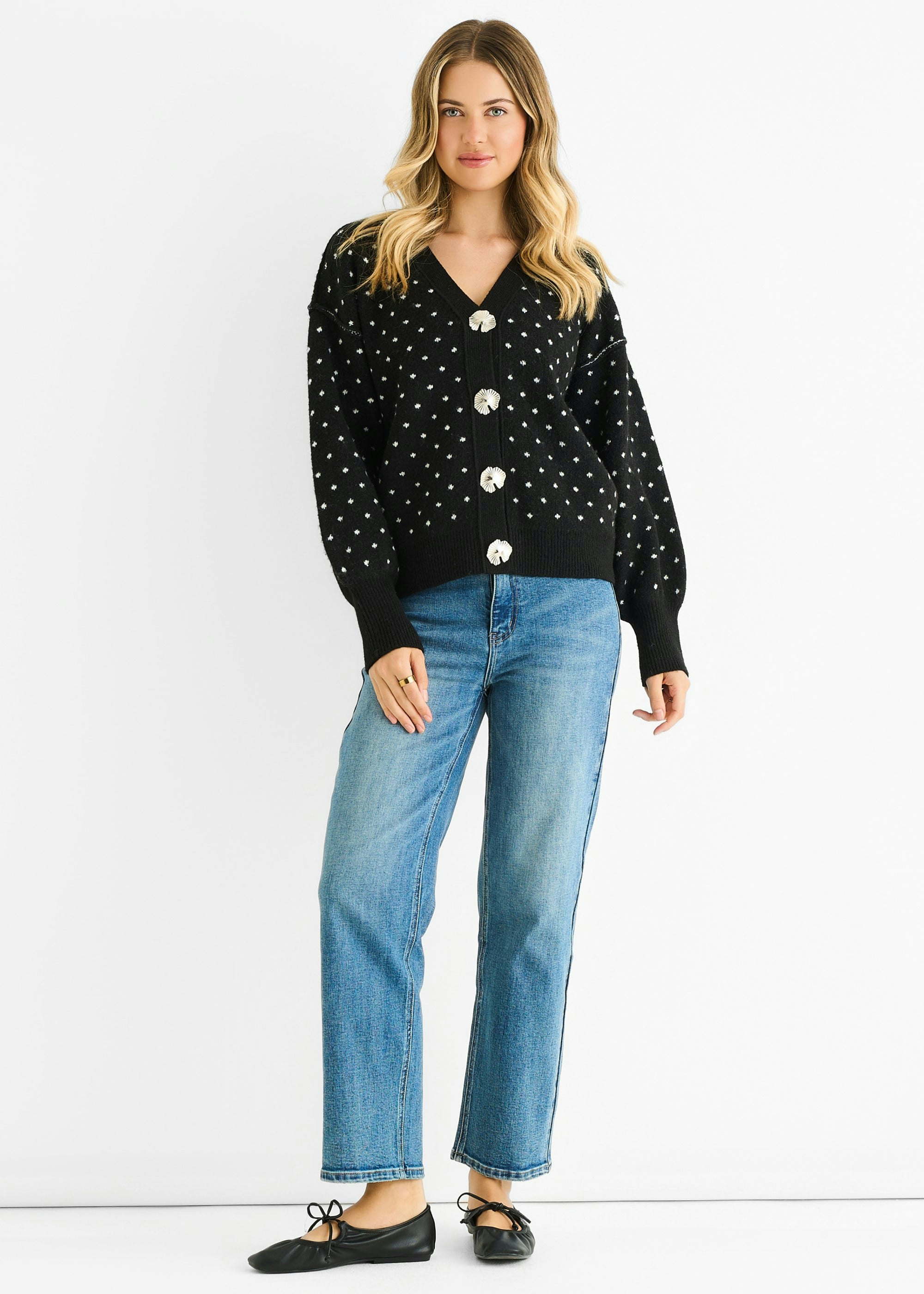 Gini London Black Spot Print Button Cardigan Look Jumper - M-L (Uk 12-14/Us 8-10/Eu 40-42)