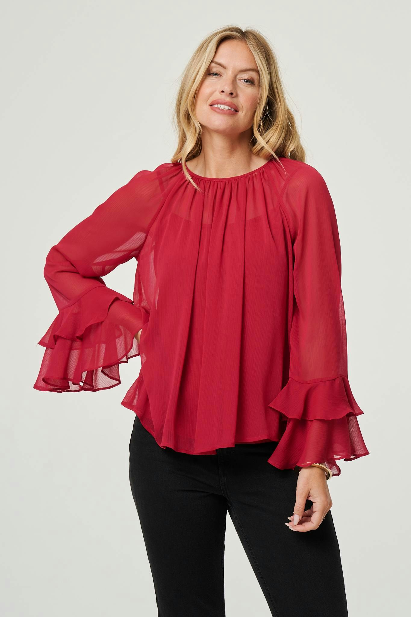 Izabel London Women's Red Semi Sheer Long Sleeve Ruffled Blouse - 14