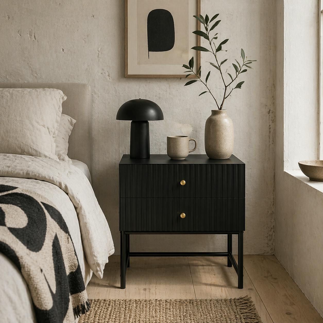 Wyld Haus Black/Gold Nafico And Elegant 2 Drawer Ribbed Bedside Table
