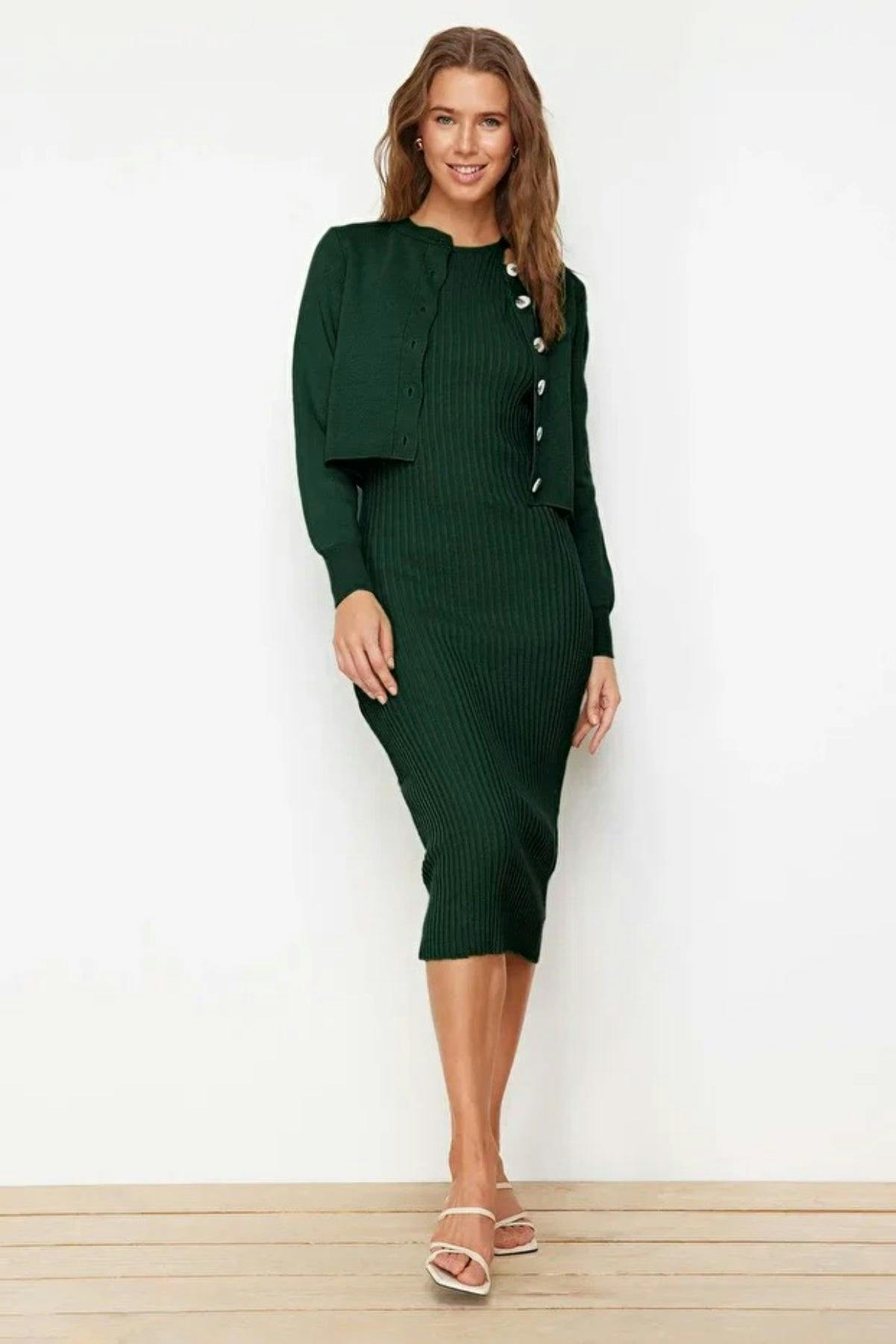 Hoxton Gal Green 2-Piece Midi Knit Basic Dress With Cardigan - L