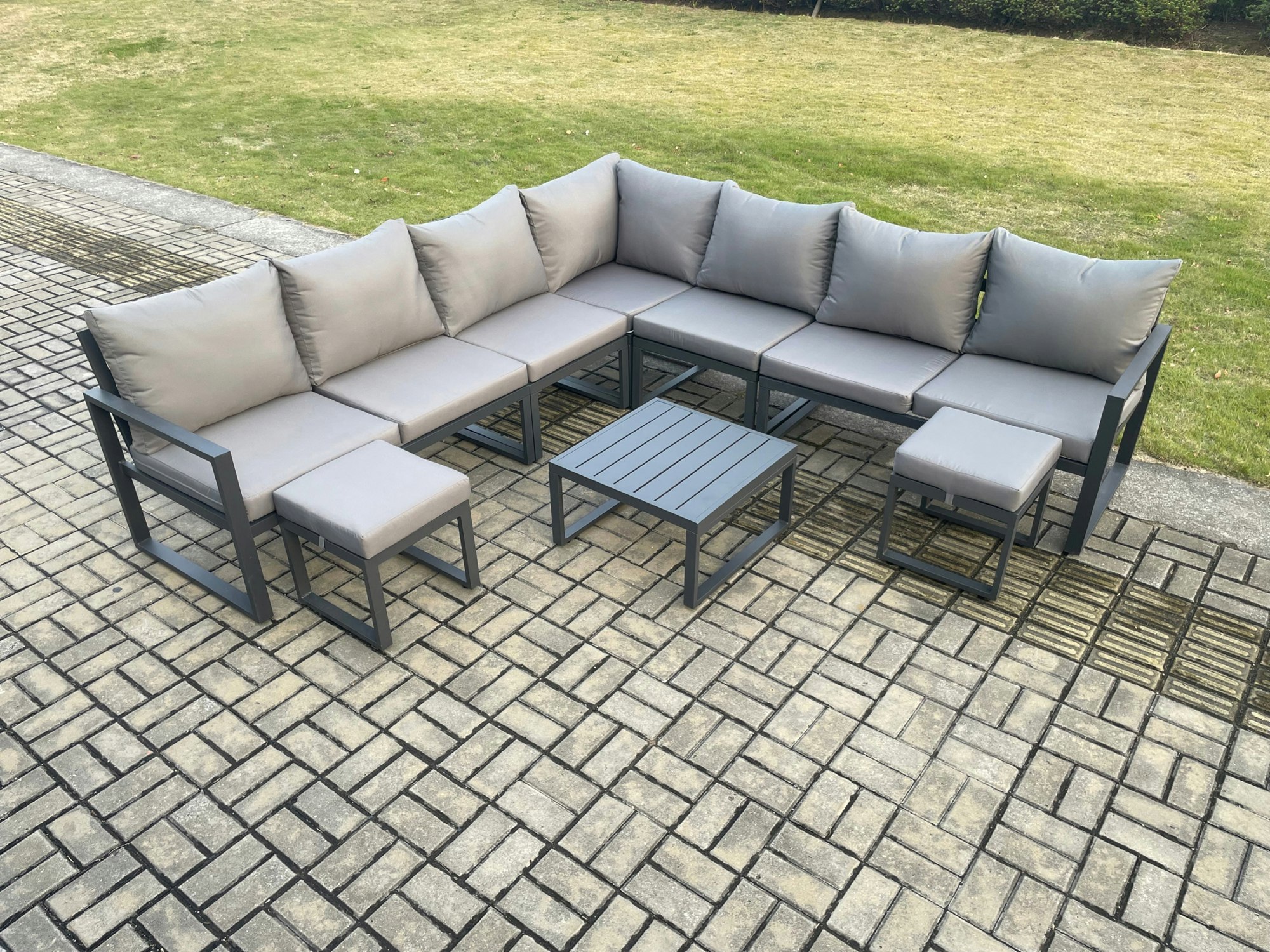 Fimous Dark/Grey Outdoor Garden Furniture Patio Lounge Corner Sofa Aluminium Set With Square Coffee Table 2 Small Footstools