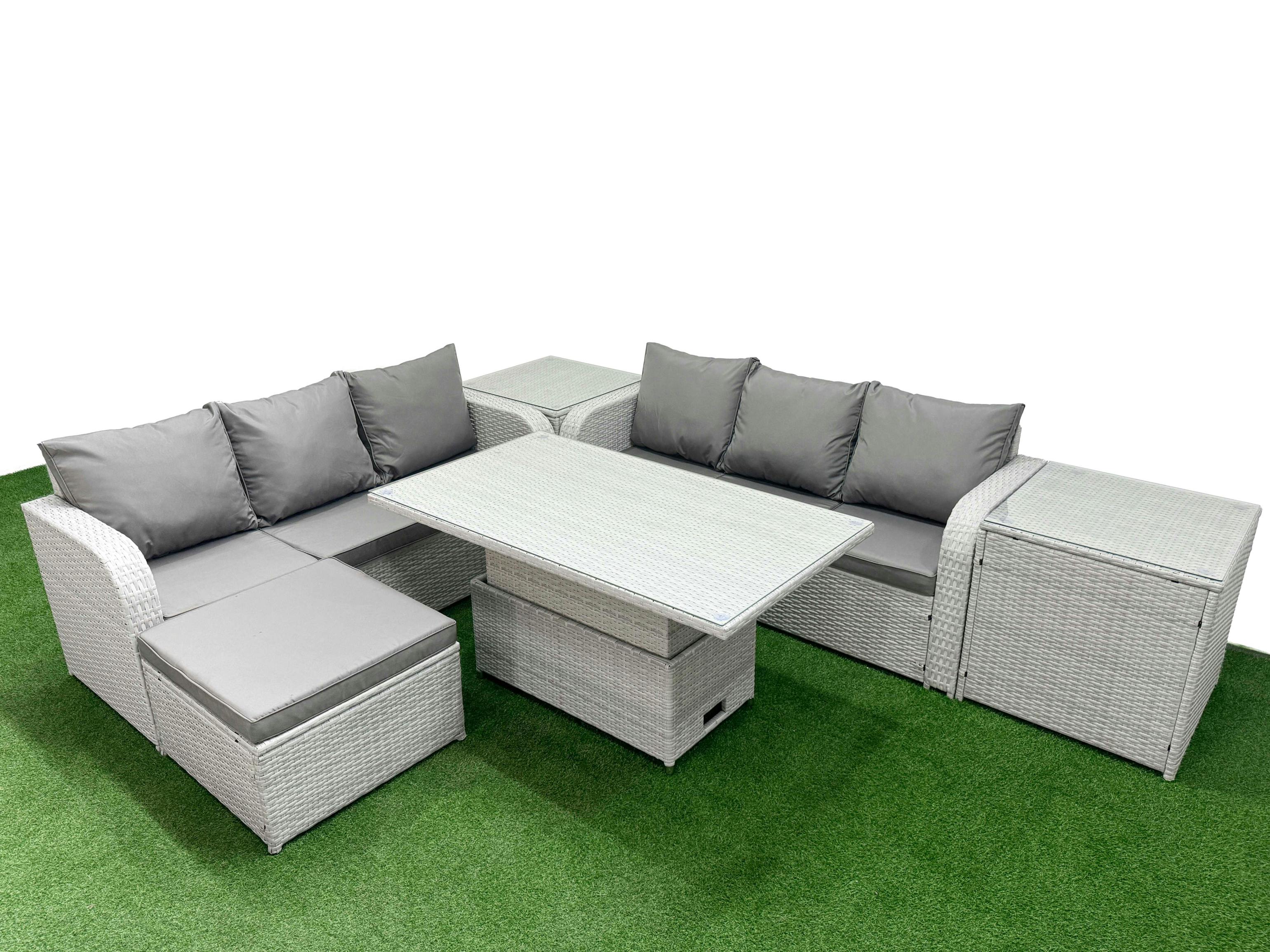 Fimous Light/Grey 7 Seater Wicker Lounge Set, Rattan Garden Furniture, Adj Height Table, High Back Sofa, Big Footstool And 2 Side Tables,