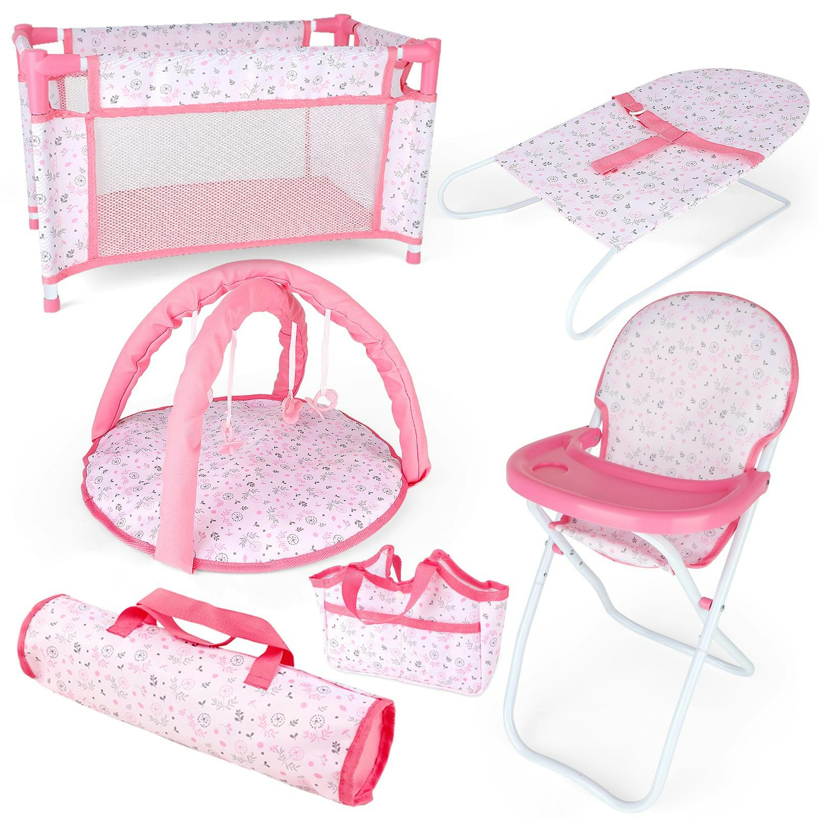 Deao Toys Pink Deluxe 4 -In-1 Baby Doll Accessories With Toy High Chair Play Mat Toy Crib Toy Baby Swing Crib