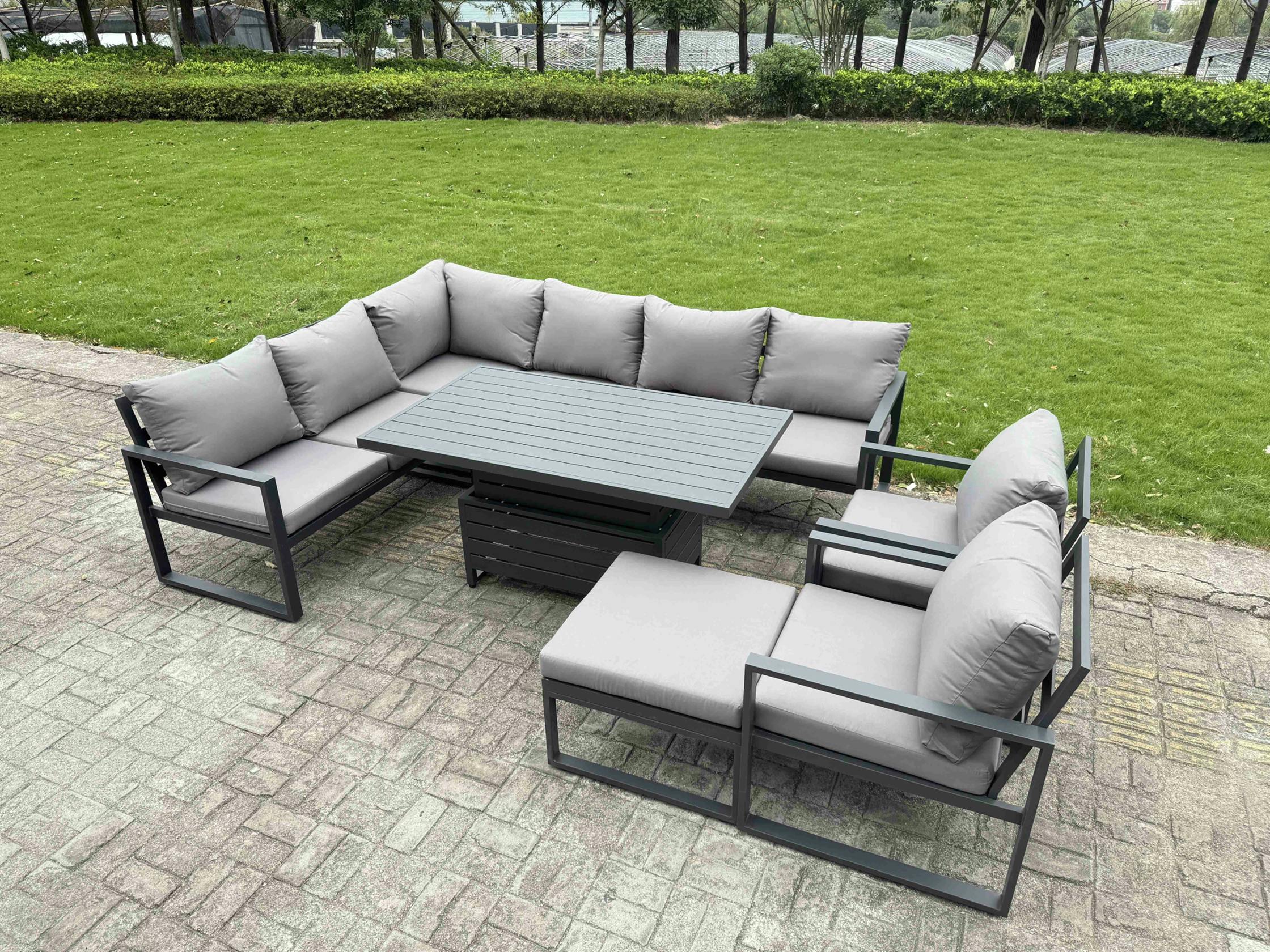 Rackhams Dark/Grey Aluminium Garden Furniture Sets,9 Seater Outdoor Conversational Dining Set With Adjustable Rising Lifting Dining Table Cushions