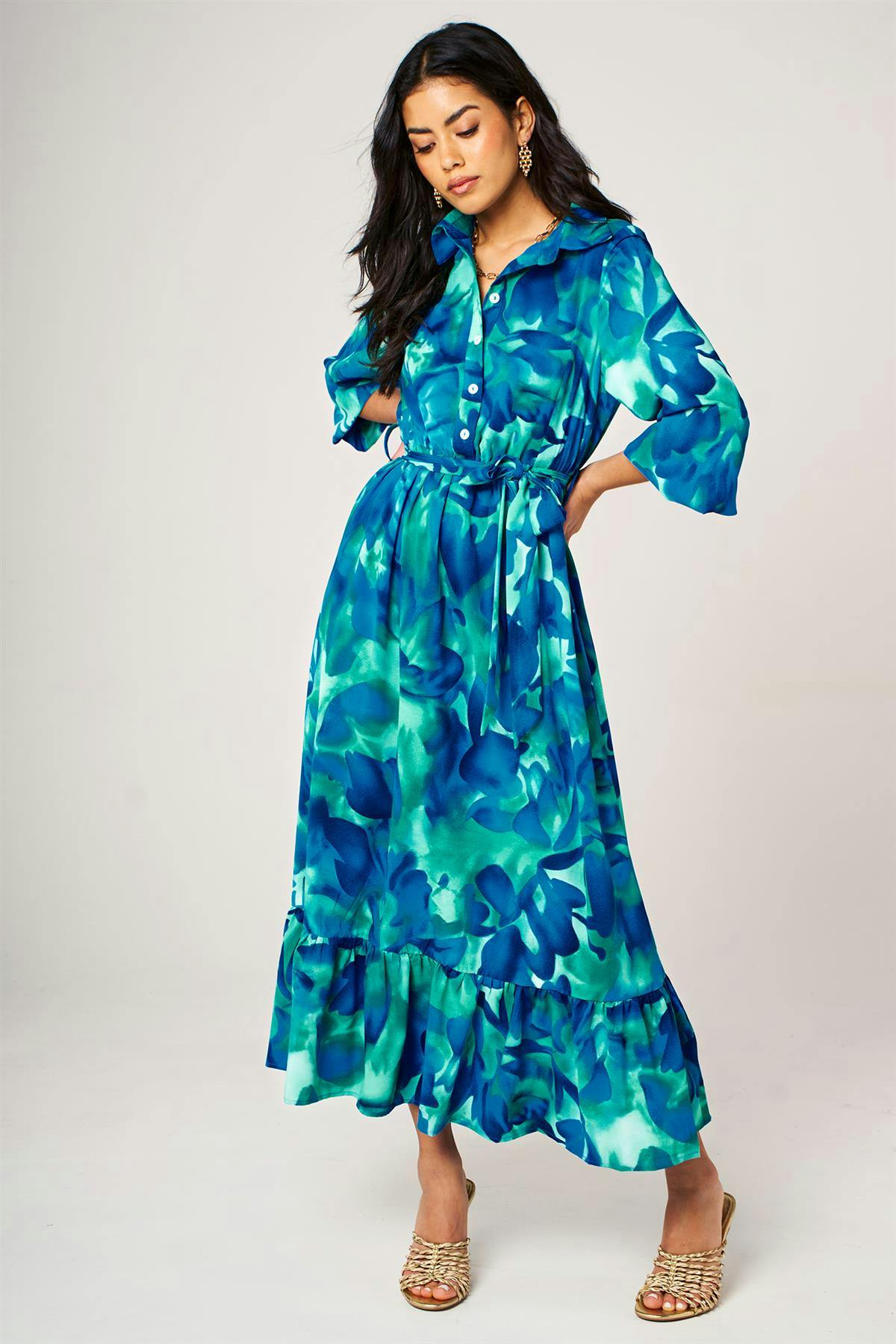 Fs Collection Blue Abstract Floral Print Hem Detail Shirt Midi Dress With Tie Waist In - Xl