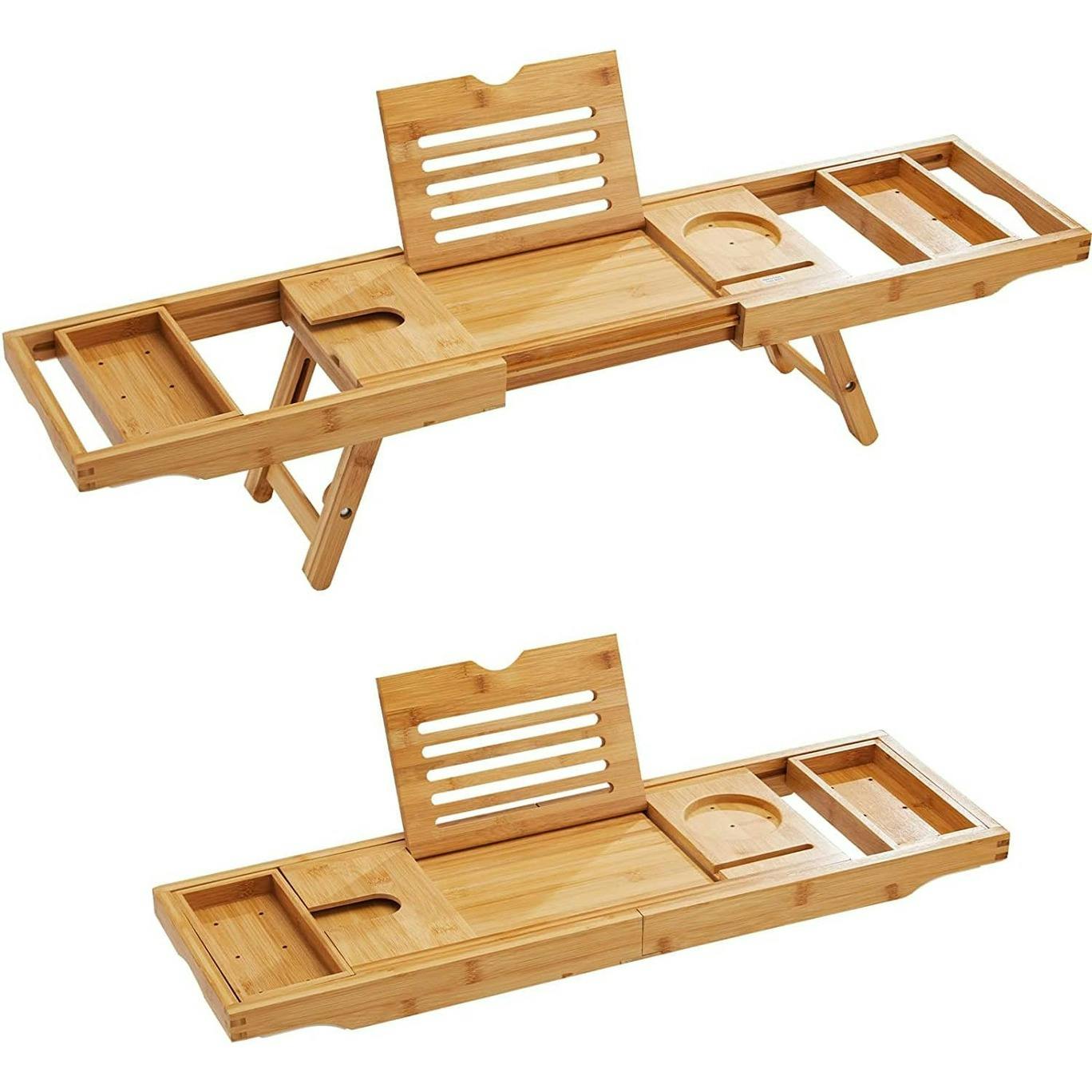 Mantraraj Brown Bathtub Tray Bath Caddy Breakfast Tray Natural Bamboo Wood 2 In 1 Bath Tub Tray - Bamboo - 1