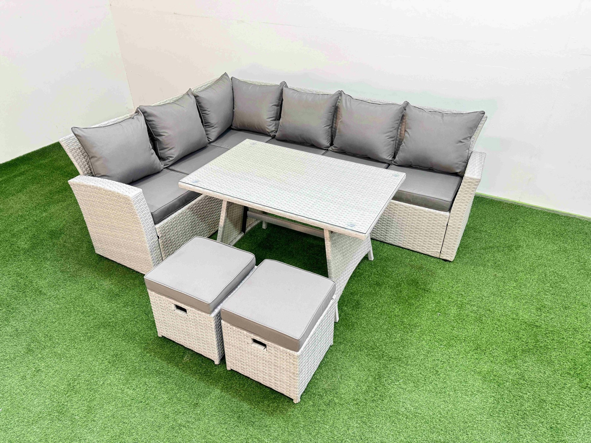 Fimous Light/Grey Garden Outdoor Rattan Furniture Set Rattan Corner Sofa Oblong Dining Table Set With 2 Small Footstools Mixed 8 Seater
