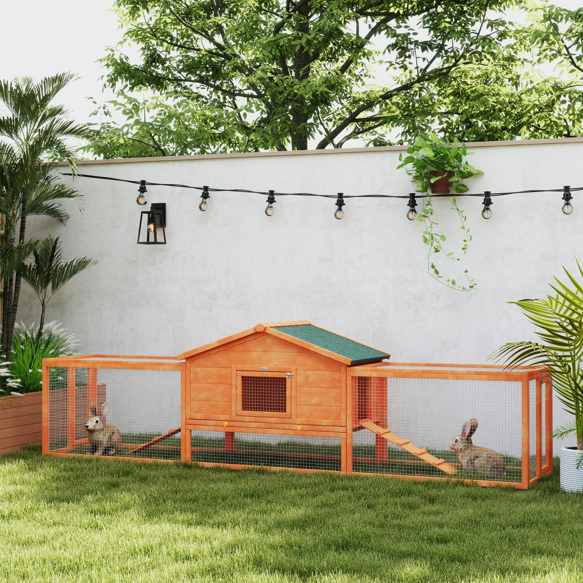 Pawhut Orange Wooden Rabbit Hutch Guinea Pig Hutch, 309 X 70 X 87Cm