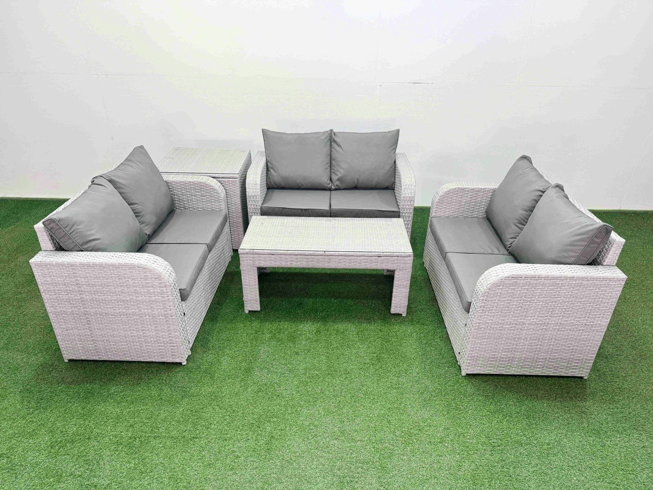 Fimous Light/Grey 6 Seater Pe Wicker Rattan Furniture Sofa Sets With Oblong Coffee Table 2 Seater Love Sofa Side Table