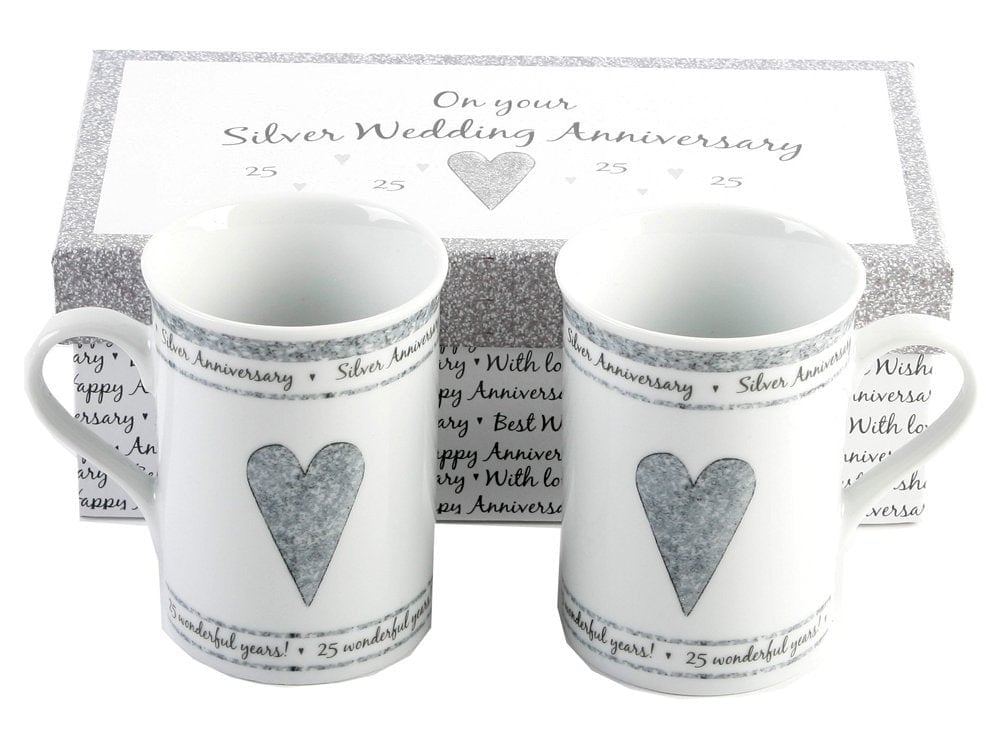 Rackhams Silver Beautifully Designed 25Th Anniversary Mug Set With Matching Gift Box
