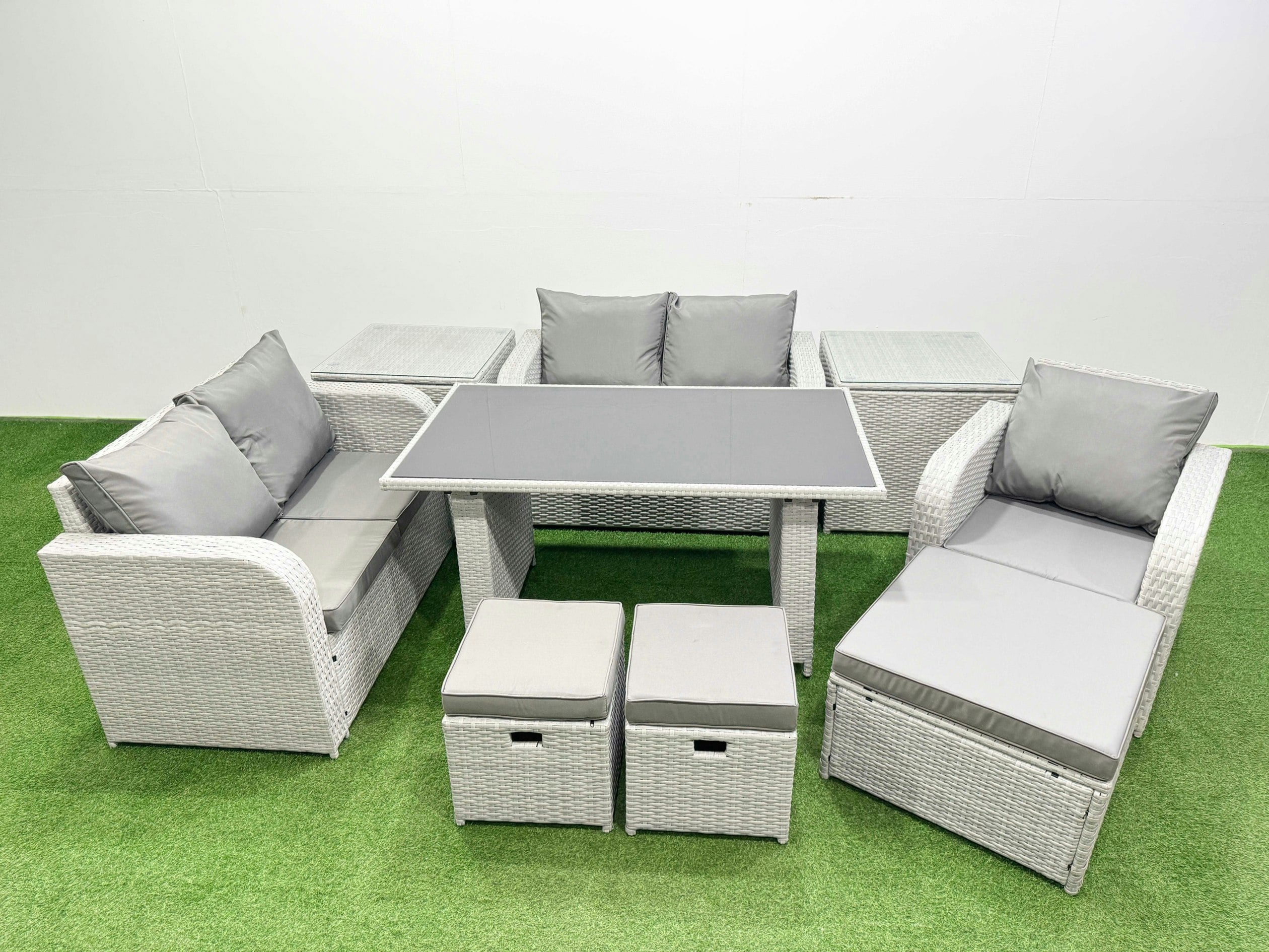 Fimous Light/Grey Rattan Sofa Outdoor Furniture With Dining Table,2 Side Tables,Love Sofa,3 Stools Patio Furniture 8 Seater