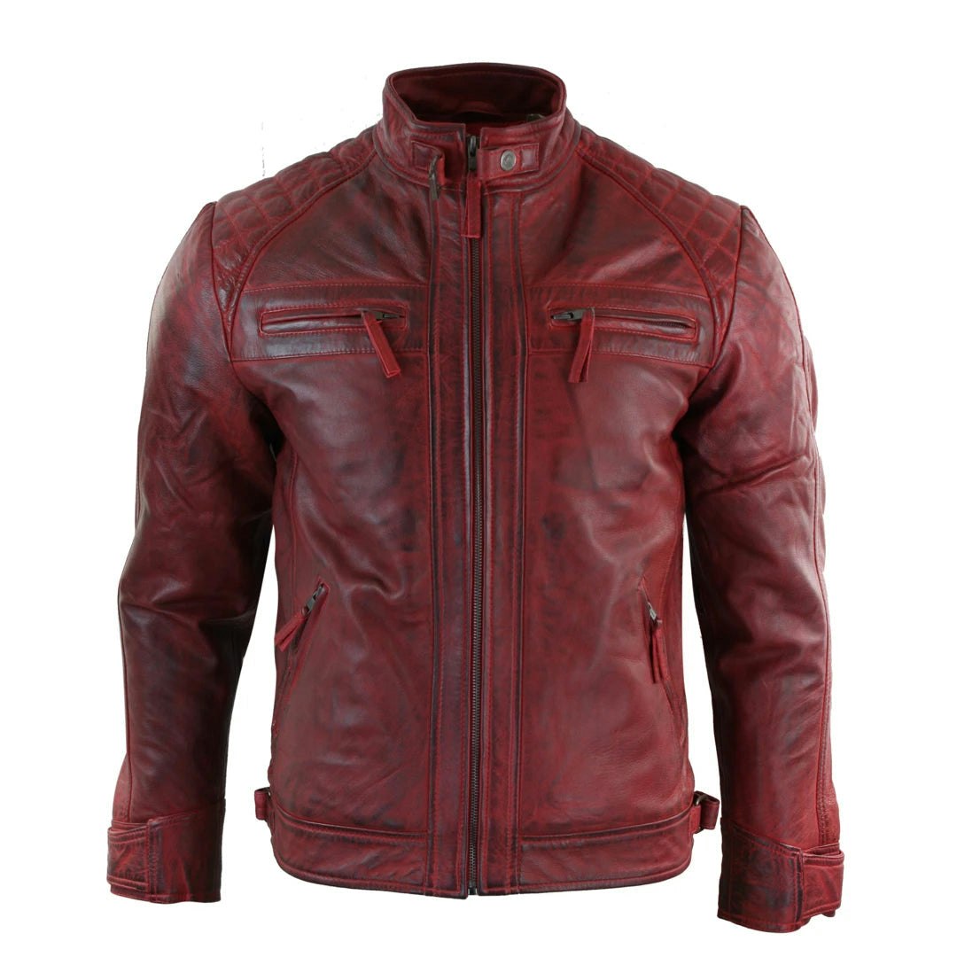 Aviatrix Men's Red Zipped Short Biker Leather Jacket - 5XL - Model 1