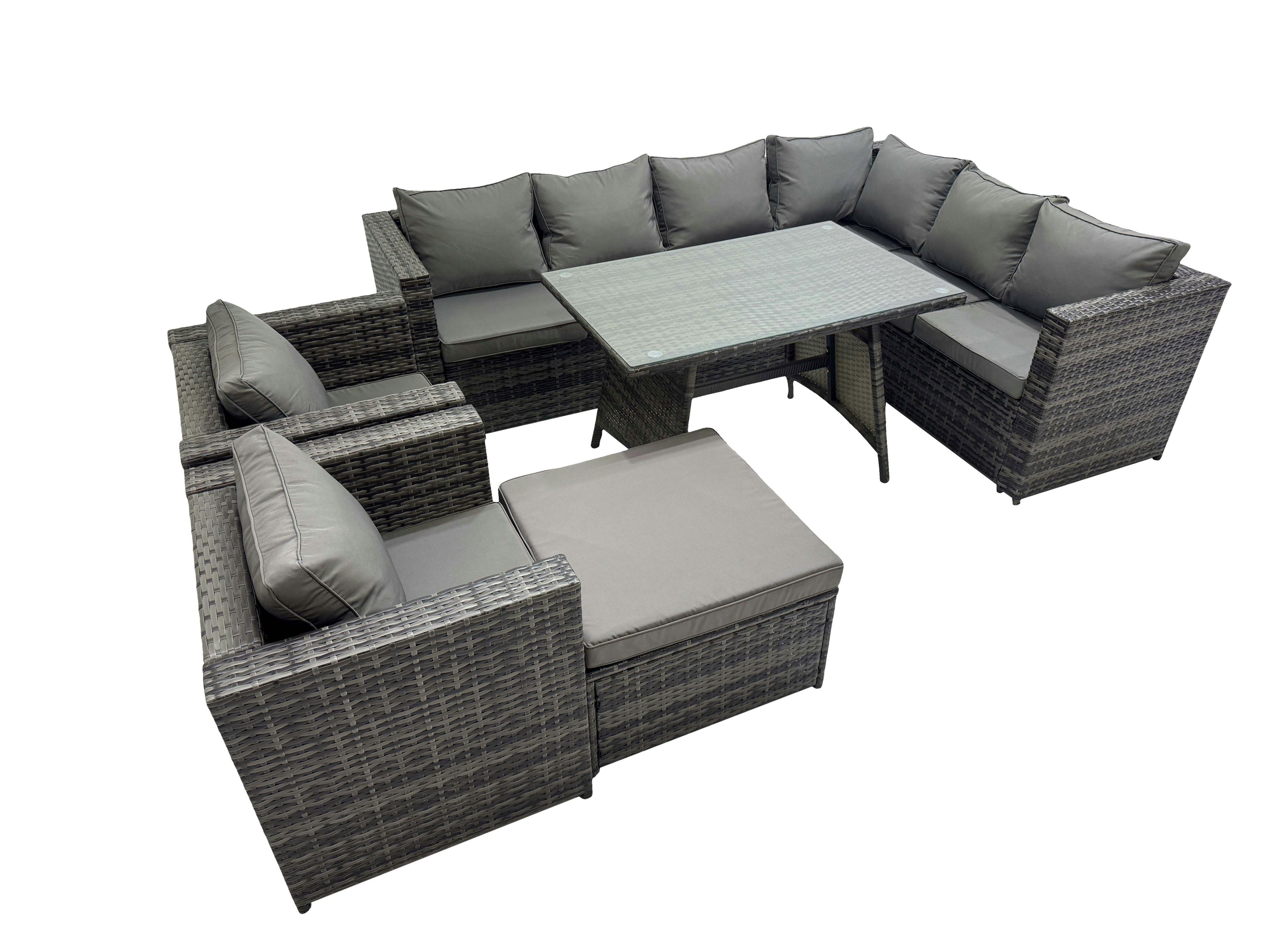 Rackhams Dark/Grey Rattan Garden Furniture Patio Furniture Sets With Dining Table Big Stool 2 Chair Mixed