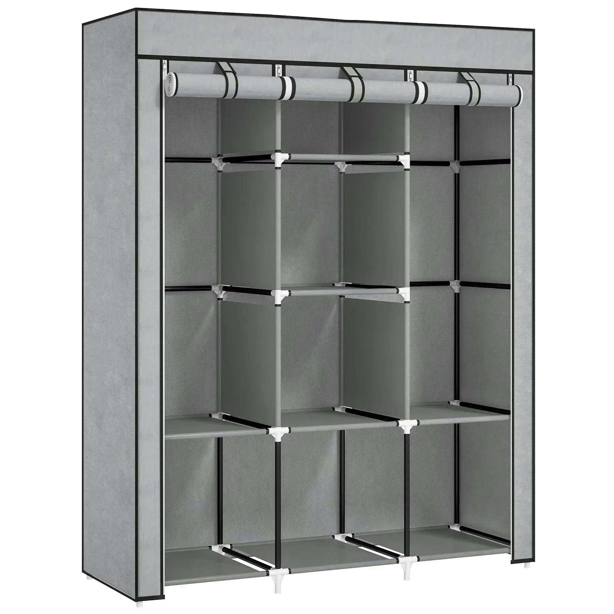 HOMCOM Fabric Wardrobe, Portable Wardrobe, Clothes Storage Unit with 8 Shelves, 2 Hanging Rods, 125 x 43 x 162.5 cm, Light Grey - Image 3