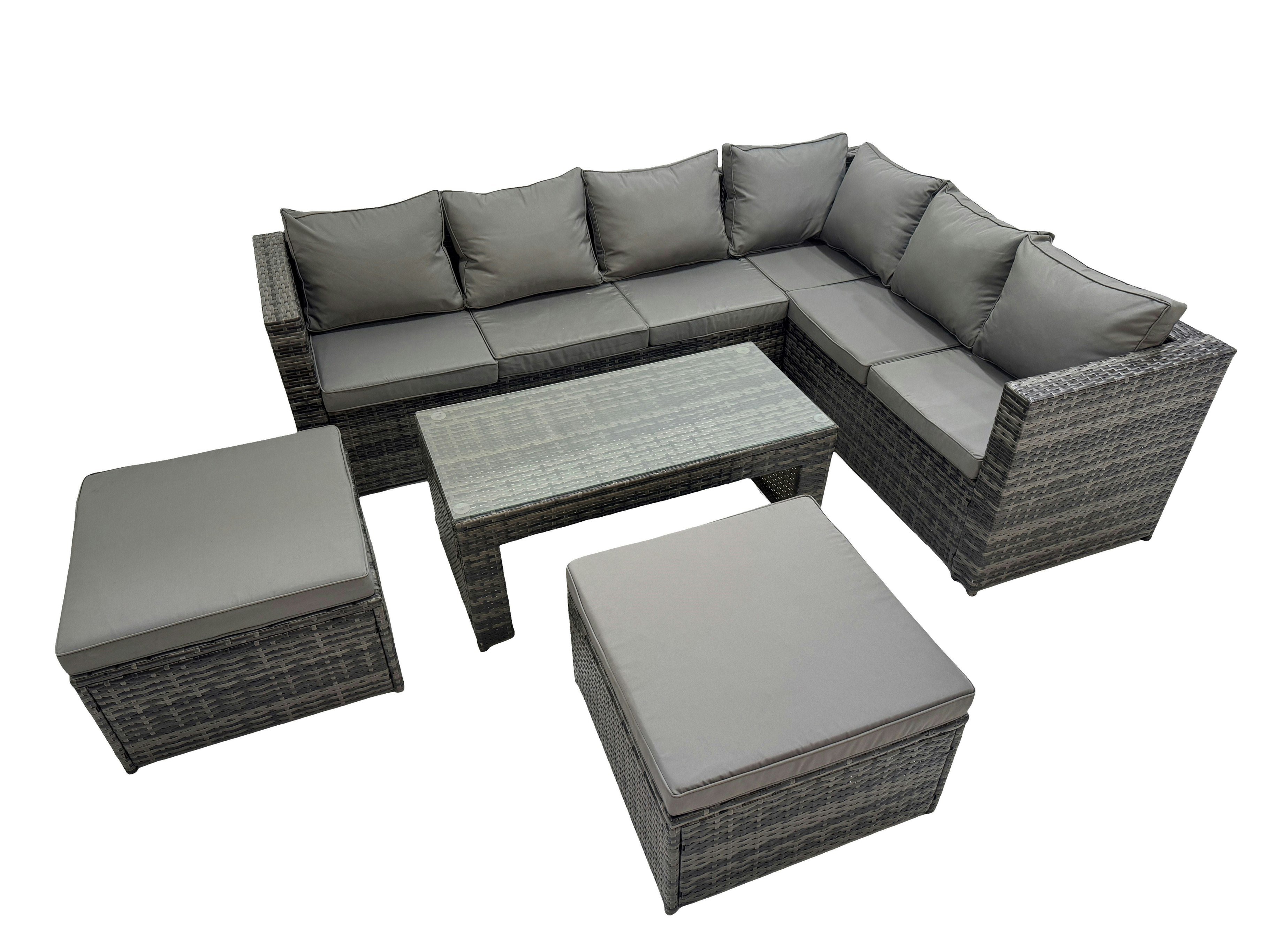 Rackhams Dark/Grey Outdoor Rattan Oblong Coffee Table Corner Sofa Sets Garden Furniture Set With Chair 2 Big Stools Mixed