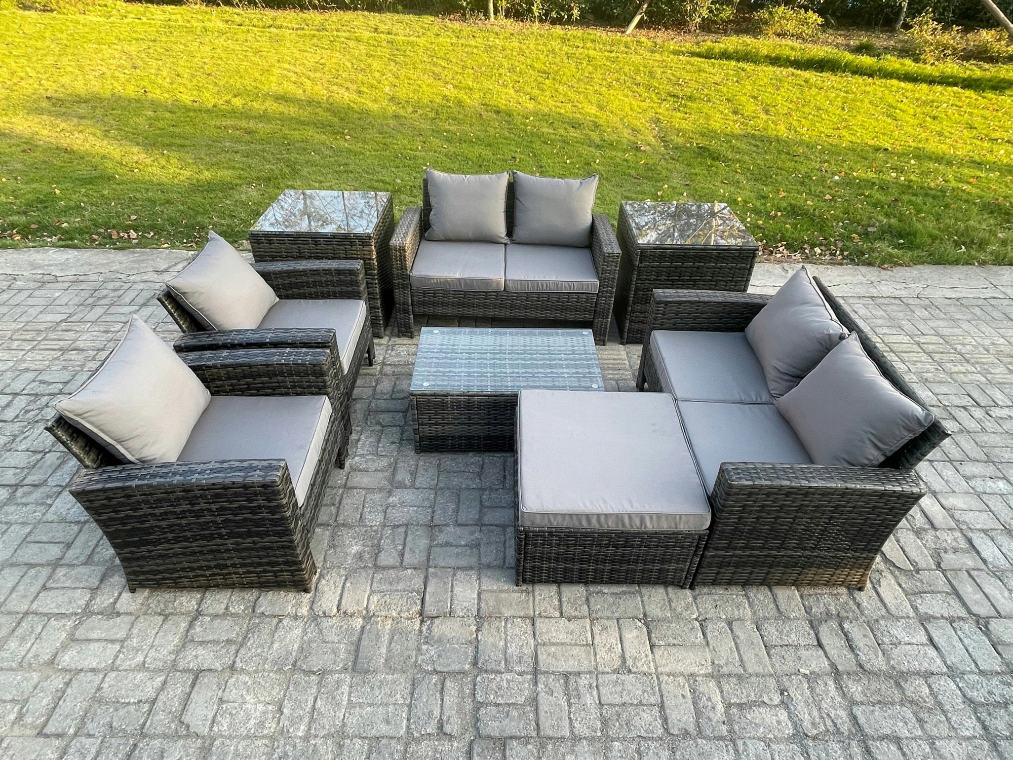 Rackhams Dark/Grey 8-Piece Rattan Garden Furniture Set - Mixed Wicker Patio Sofa & Chair Set With Coffee Table & 2 Footstools