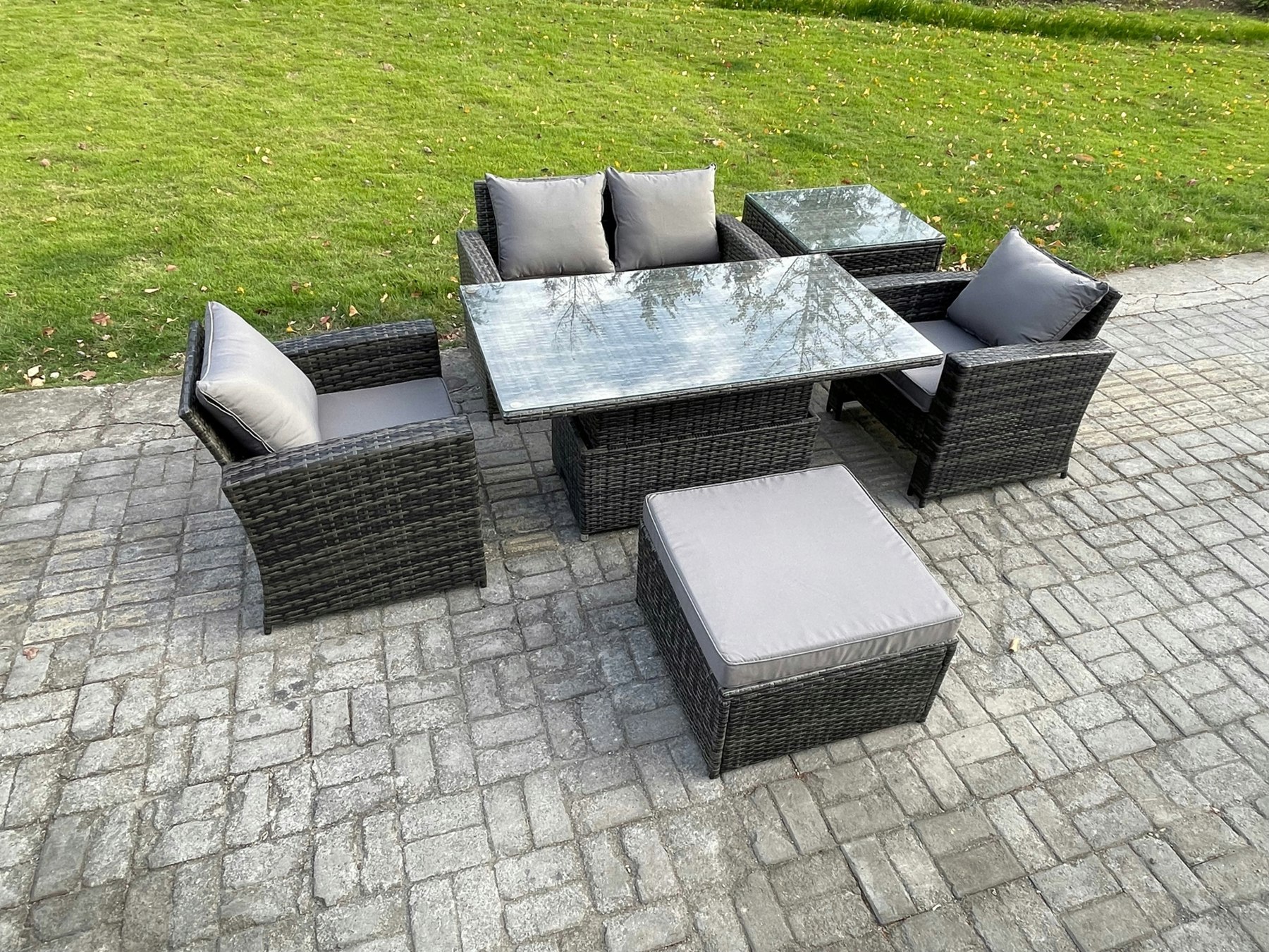 Rackhams Dark/Grey Outdoor Garden Dining Sets 5 Seater Rattan Patio Furniture Sofa Set With Rising Lifting Table Big Footstool Side Table Mixed